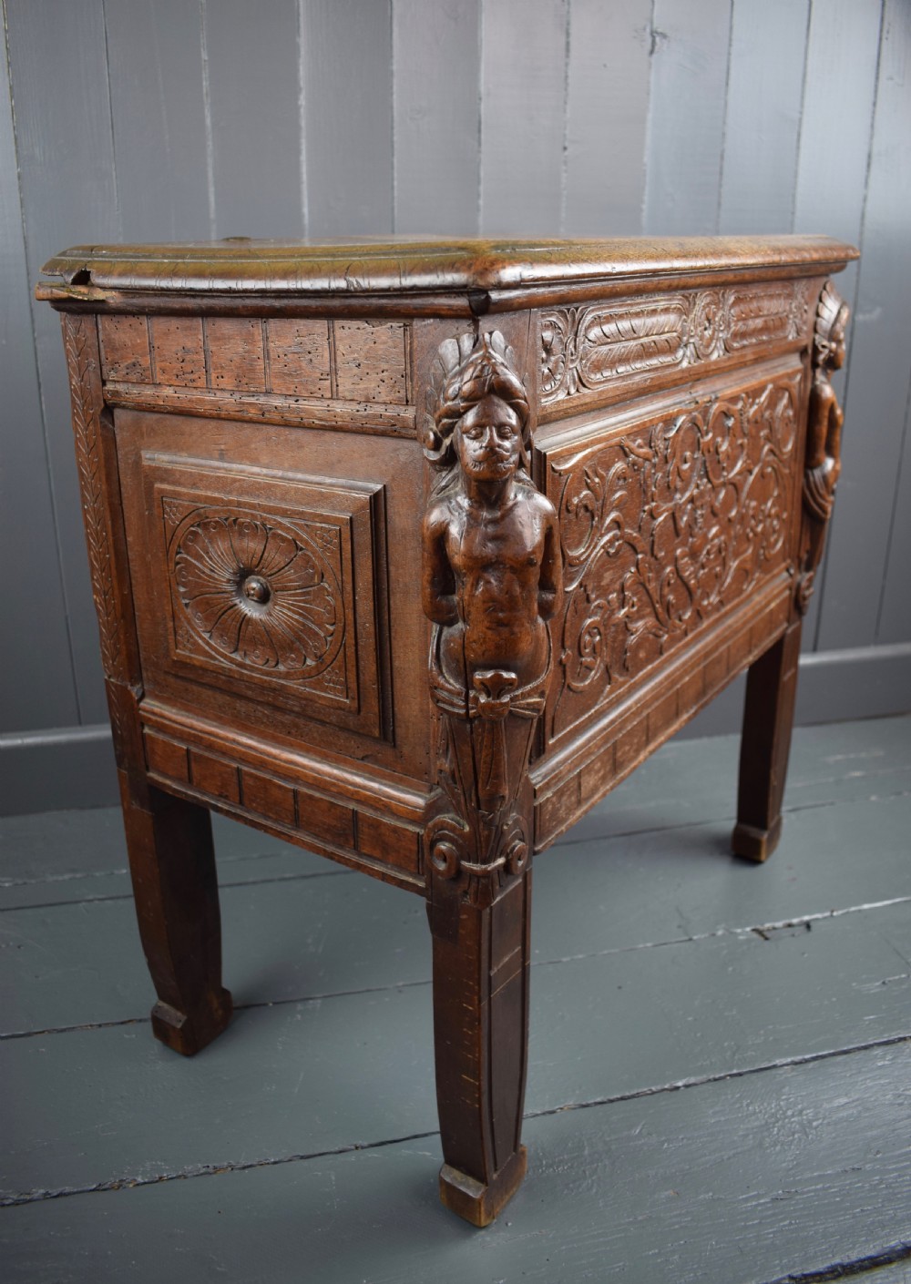 Small Antique Carved Oak Coffer with Native American Caryatids View V