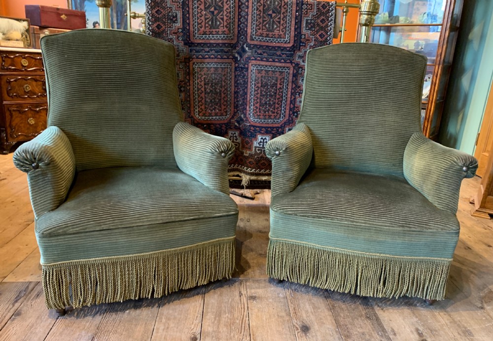 Pair of Antique French Napoleon III Armchairs upholstered in green corduroy View II