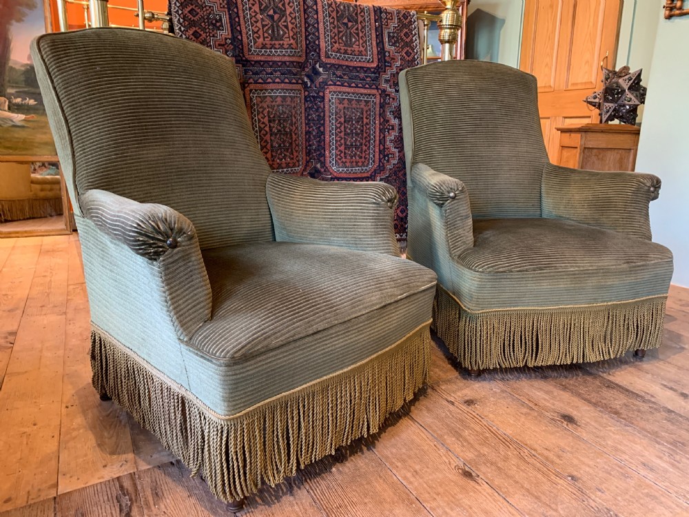 Pair of Antique French Napoleon III Armchairs upholstered in green corduroy View III