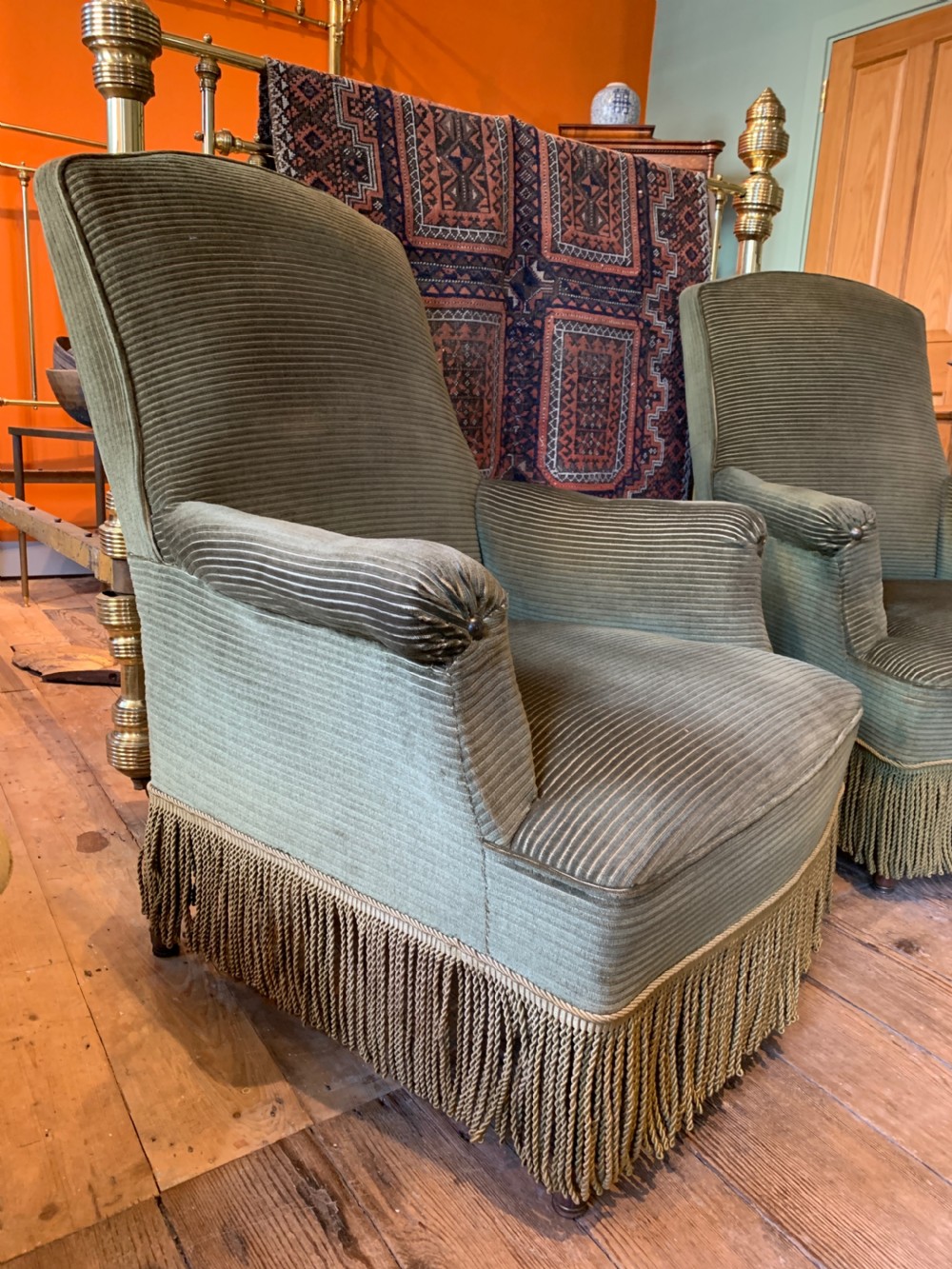 Pair of Antique French Napoleon III Armchairs upholstered in green corduroy View IV