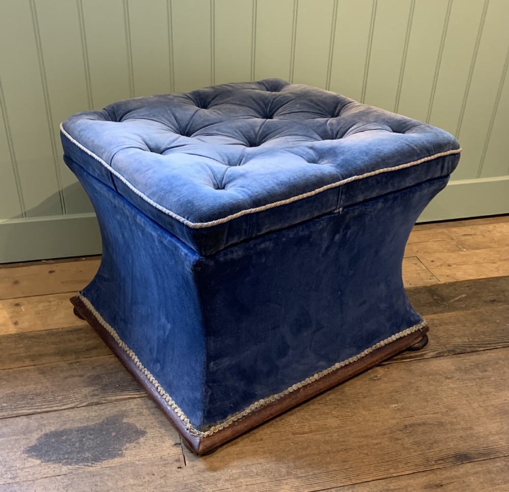 Antique Victorian blue velvet upholstered box ottoman with button seat