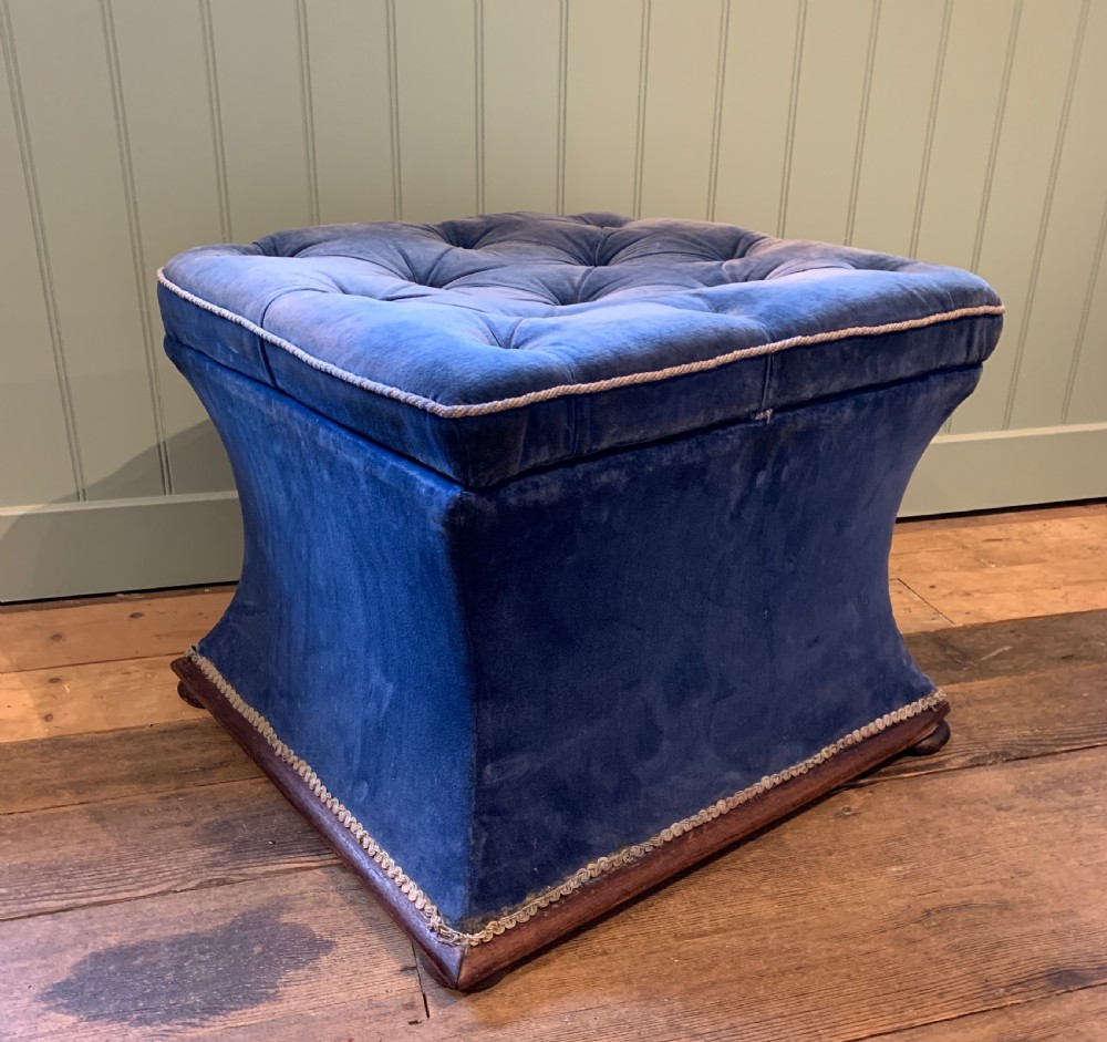 Antique Victorian blue velvet upholstered box ottoman with button seat View II