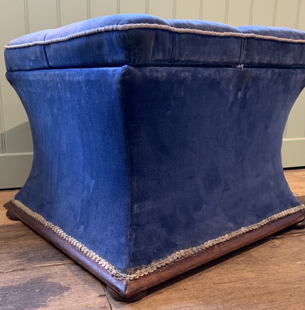 Antique Victorian blue velvet upholstered box ottoman with button seat View IV