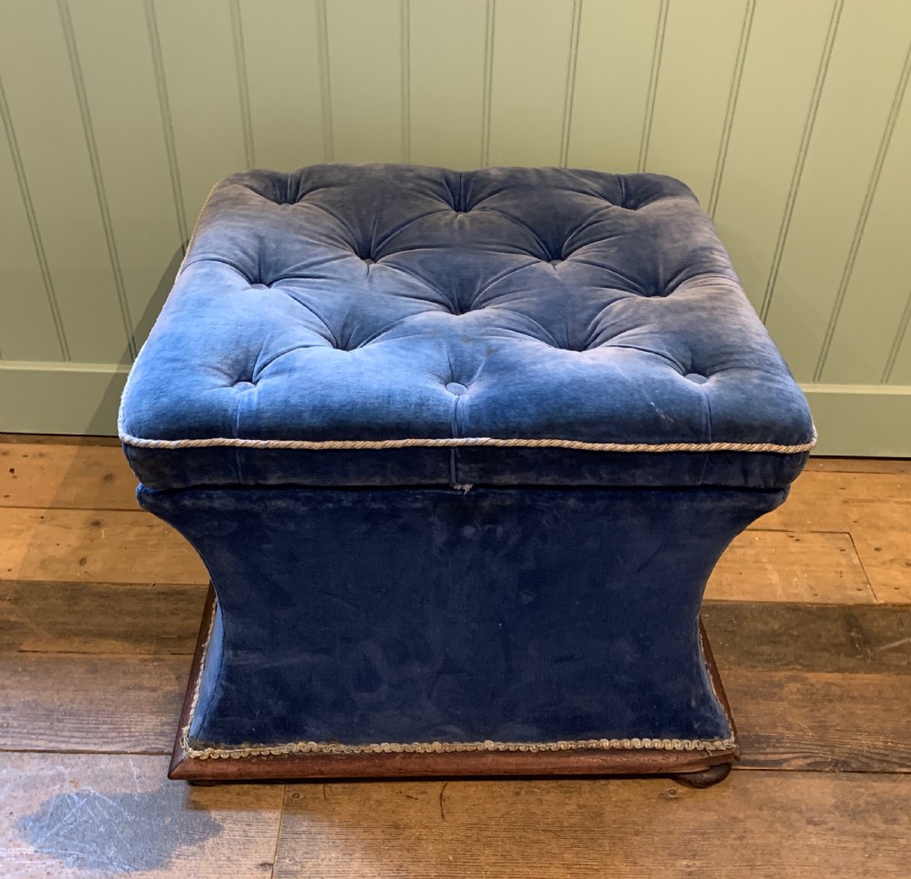 Antique Victorian blue velvet upholstered box ottoman with button seat View VI