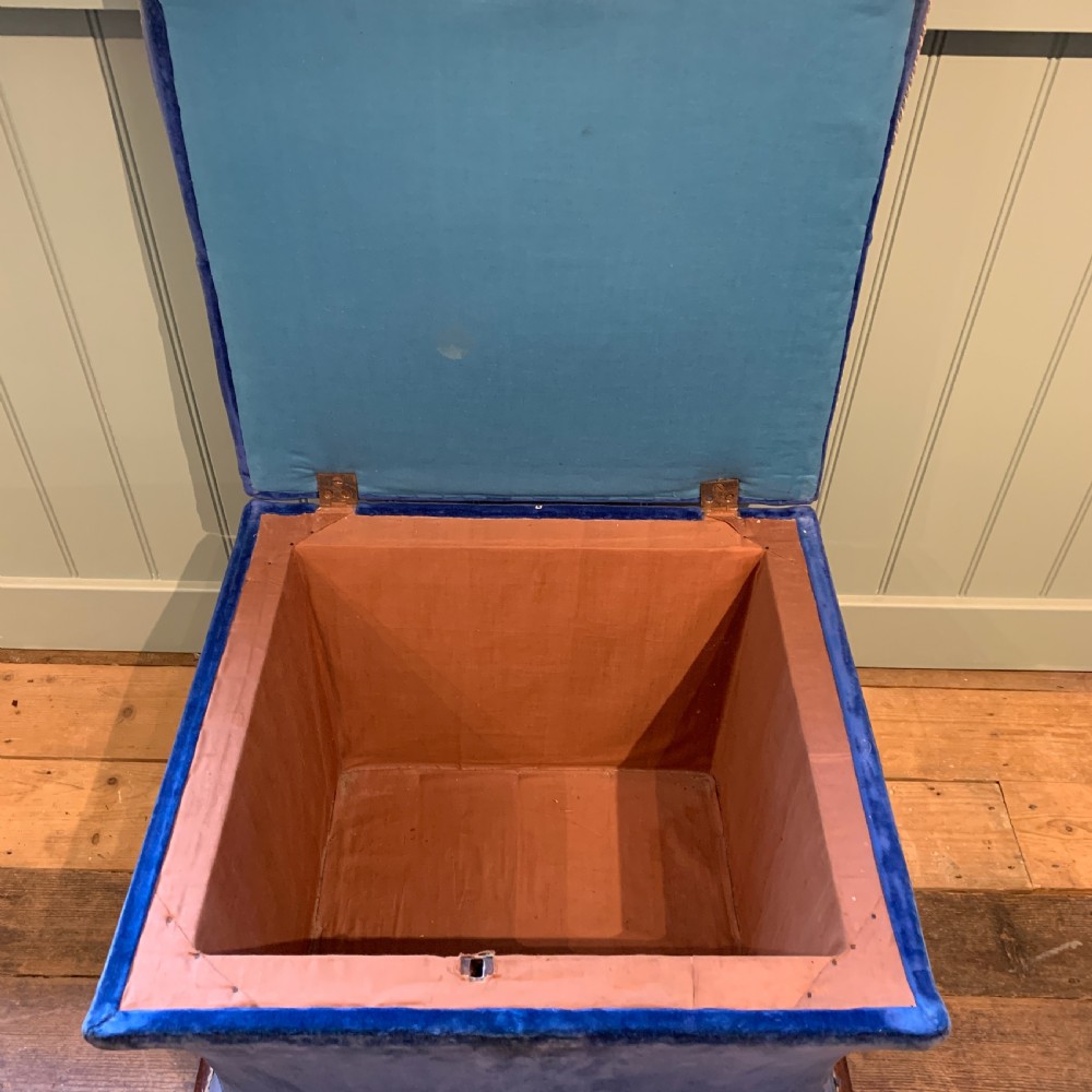 Antique Victorian blue velvet upholstered box ottoman with button seat View VII
