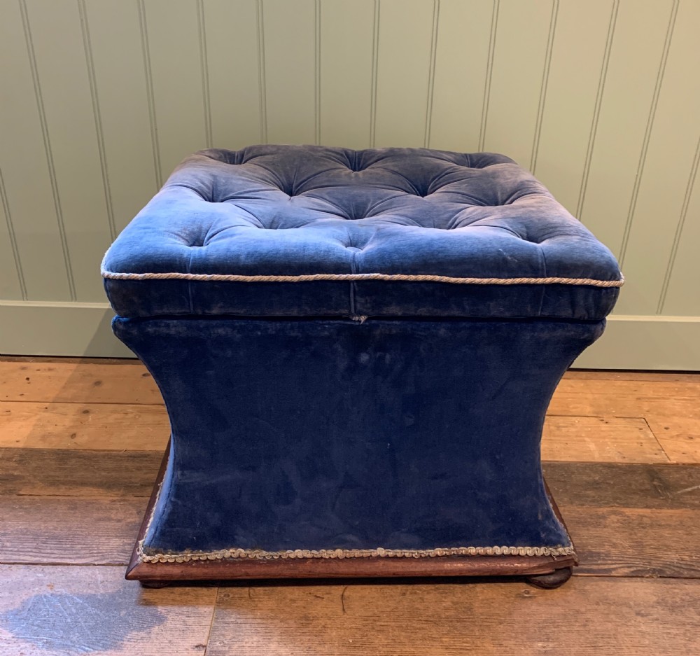 Antique Victorian blue velvet upholstered box ottoman with button seat View VIII