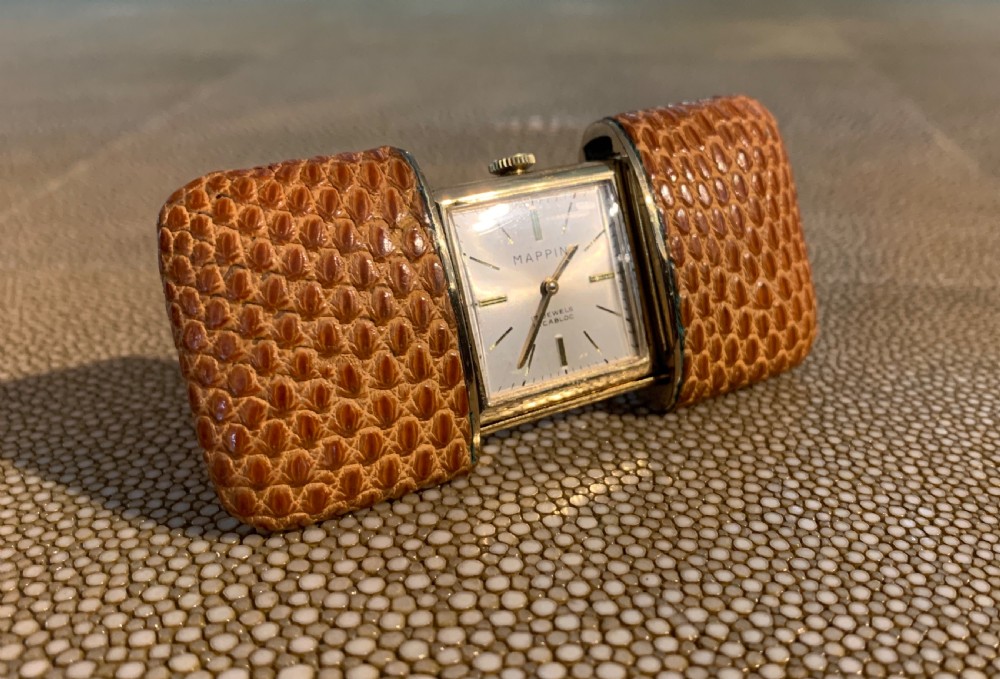 Art Deco Mappin lizard skin sliding purse travel watch