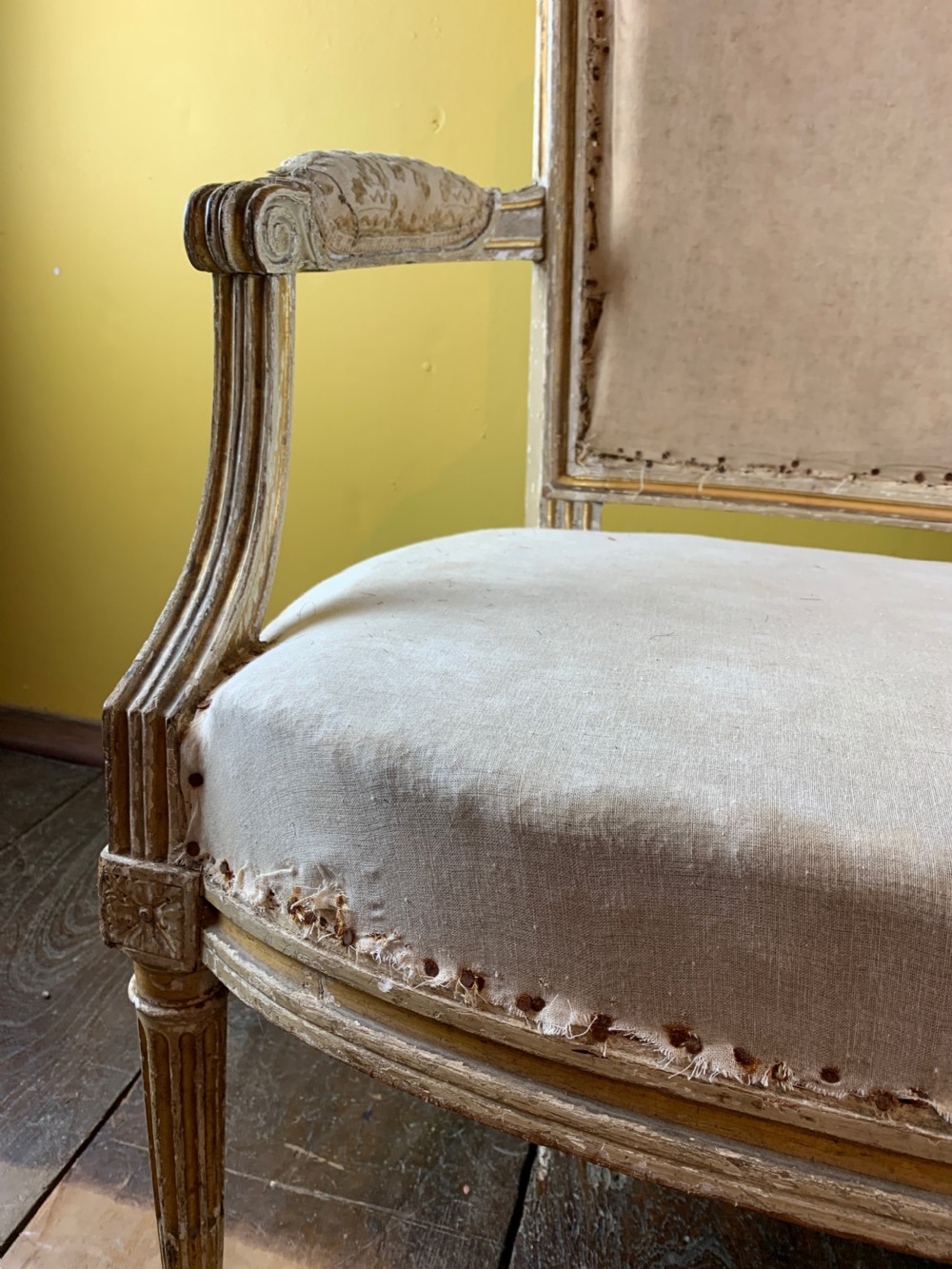 Antique French painted and gilt wood sofa in Louis XVI style View IV