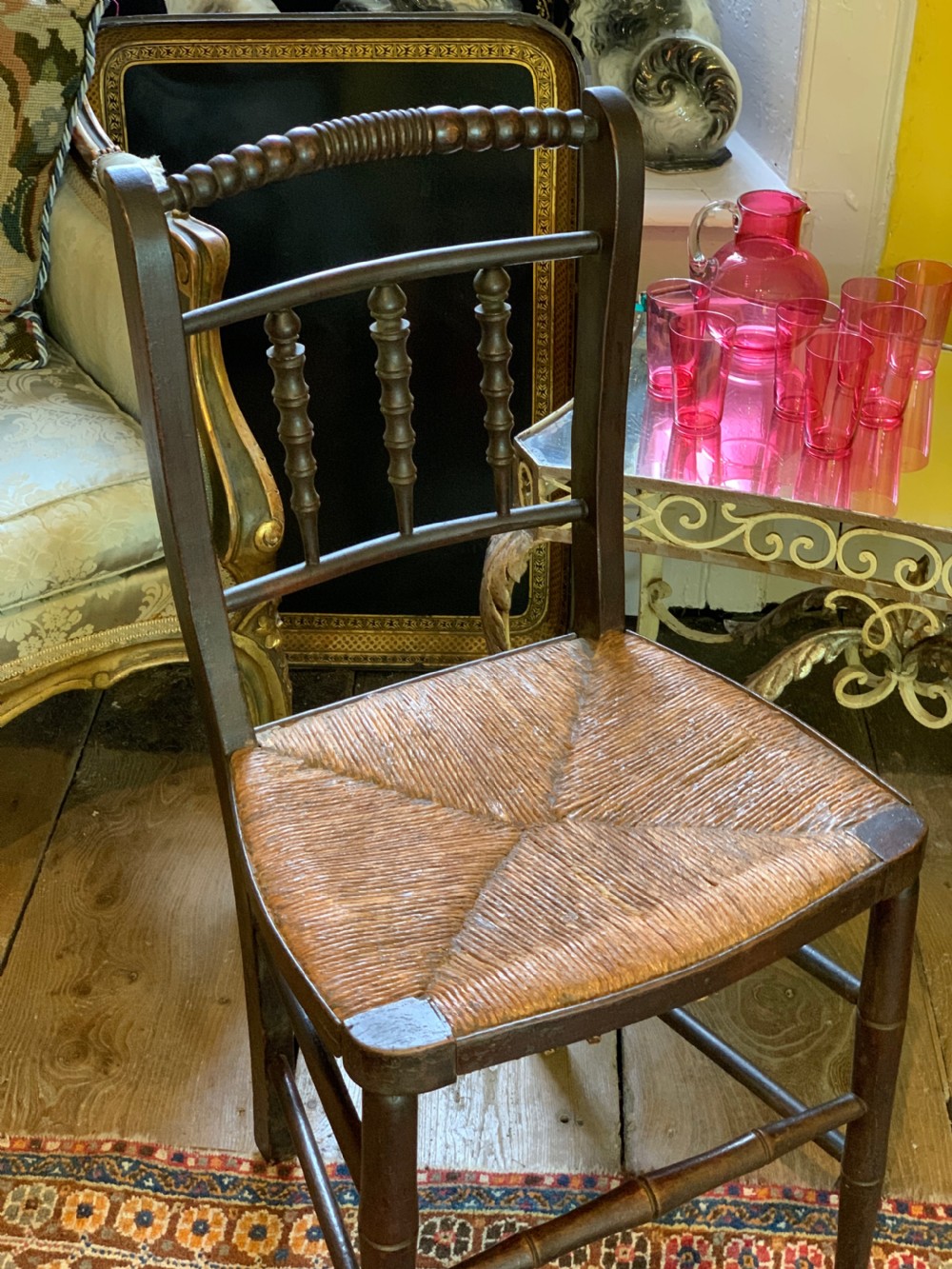 Pair of Regency faux bamboo rush seated chairs View VI