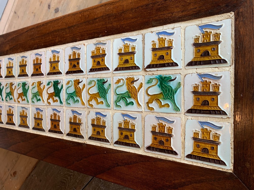 Unusual tile top bench with carved oak griffin supports View VI