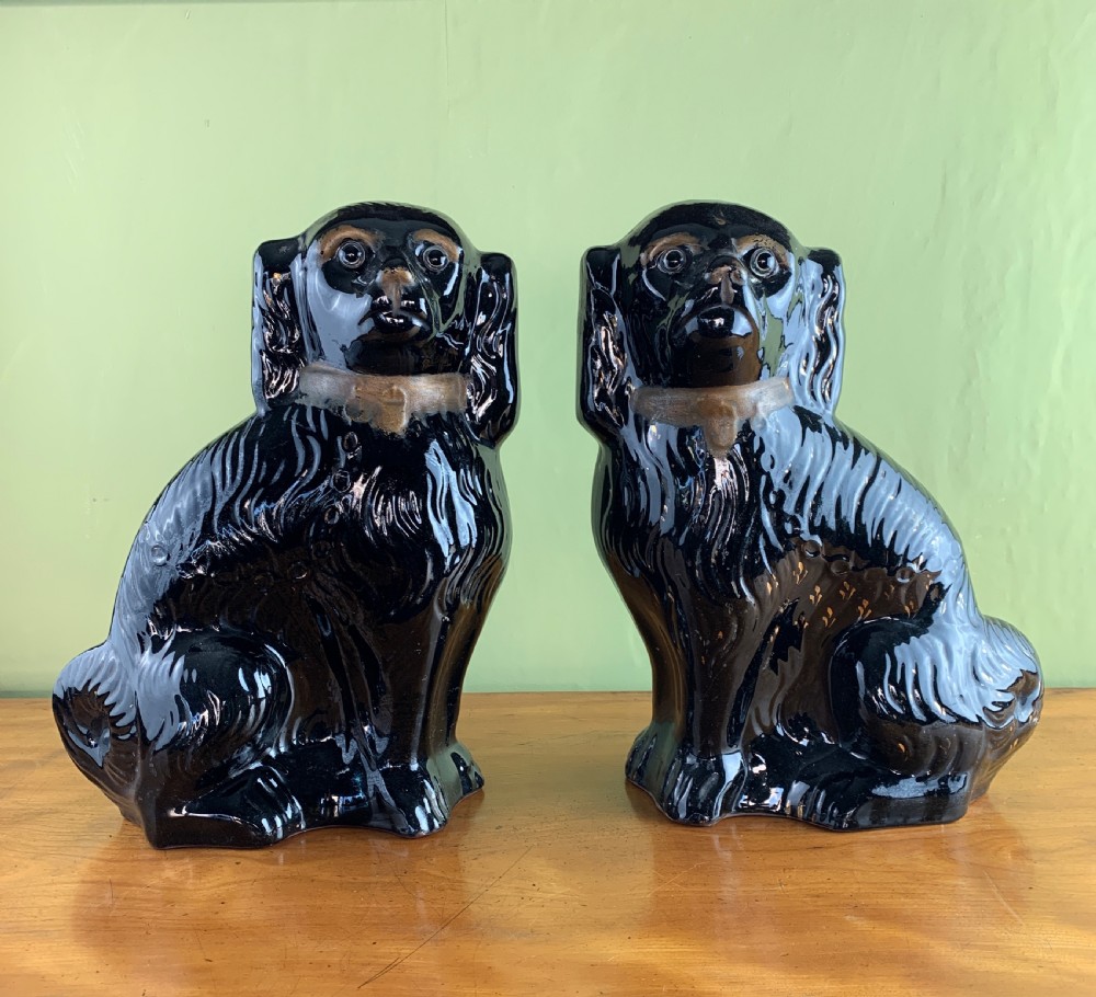 Pair of Victorian black Staffordshire dogs with glass eyes View III