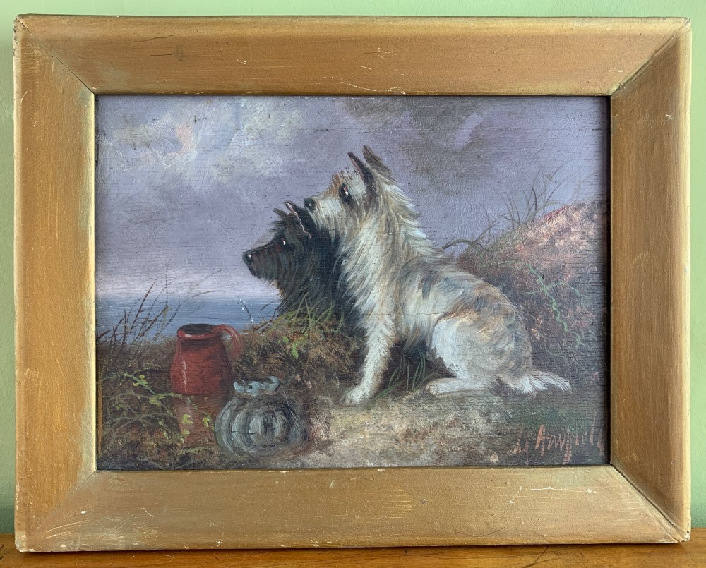 George Armfield, Terriers in a landscape, oil on panel, signed.