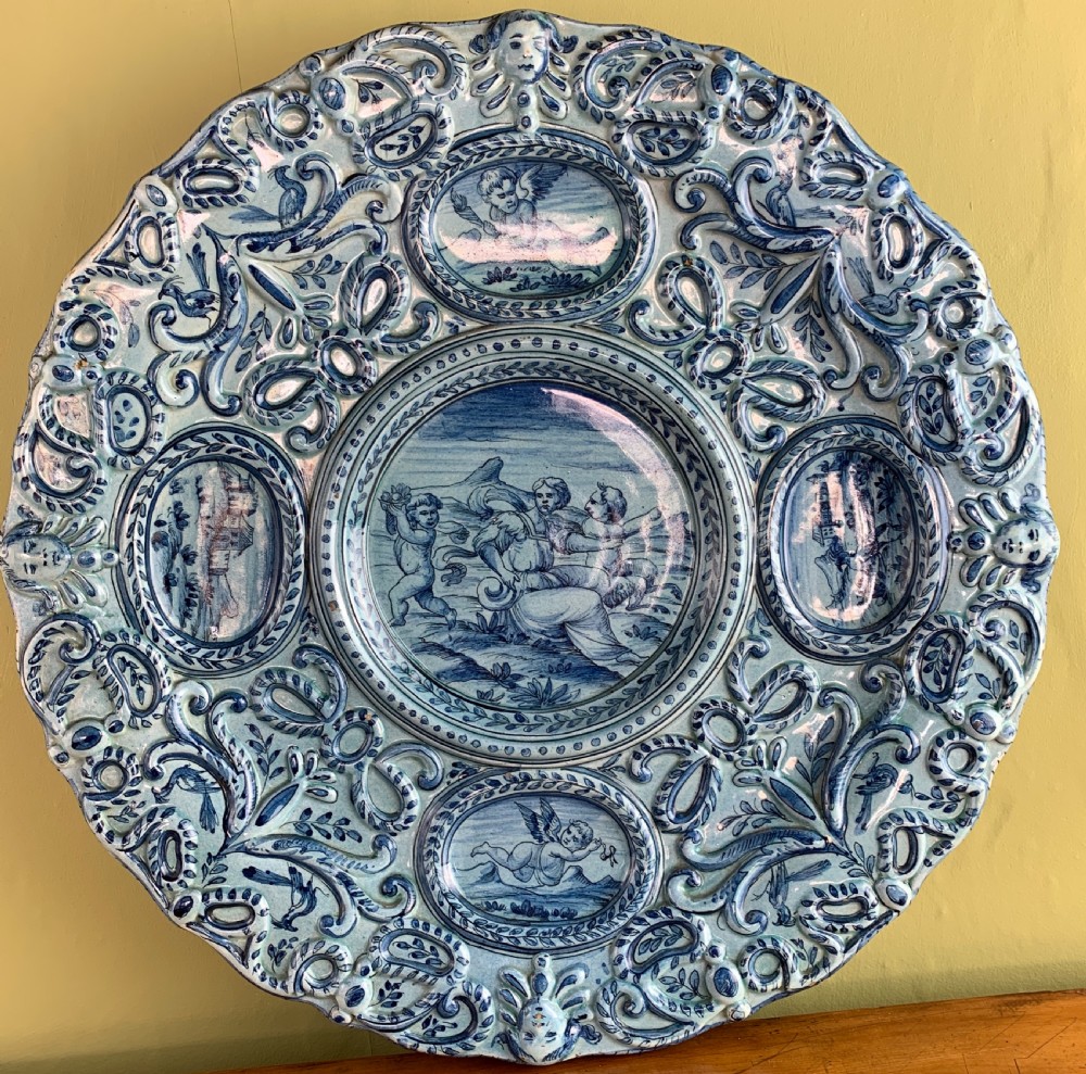 Cantagalli Renaissance revival blue & white faience charger