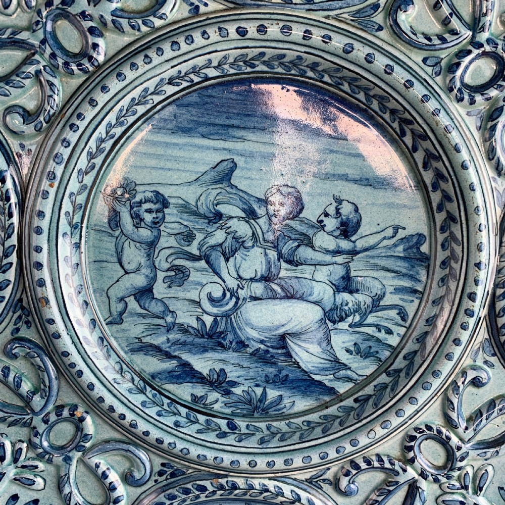 Cantagalli Renaissance revival blue & white faience charger View II