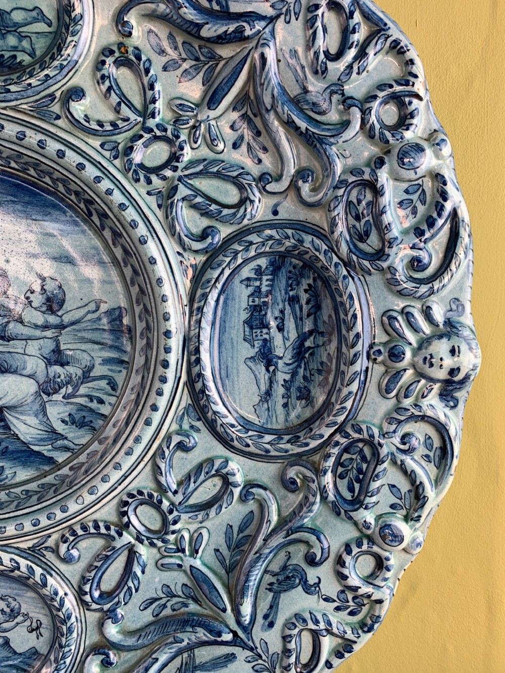 Cantagalli Renaissance revival blue & white faience charger View III