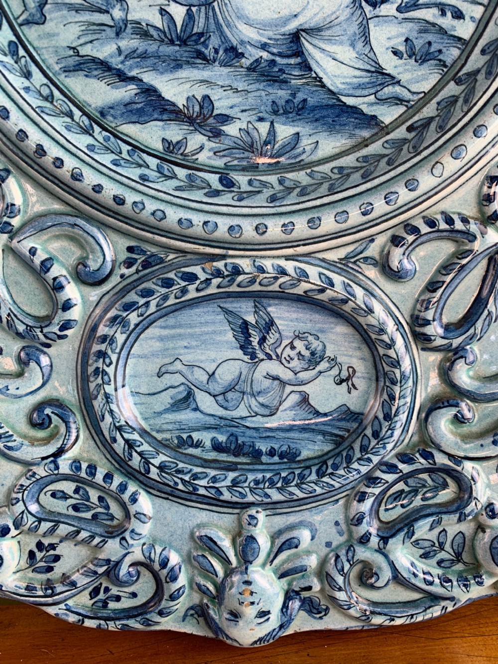 Cantagalli Renaissance revival blue & white faience charger View V