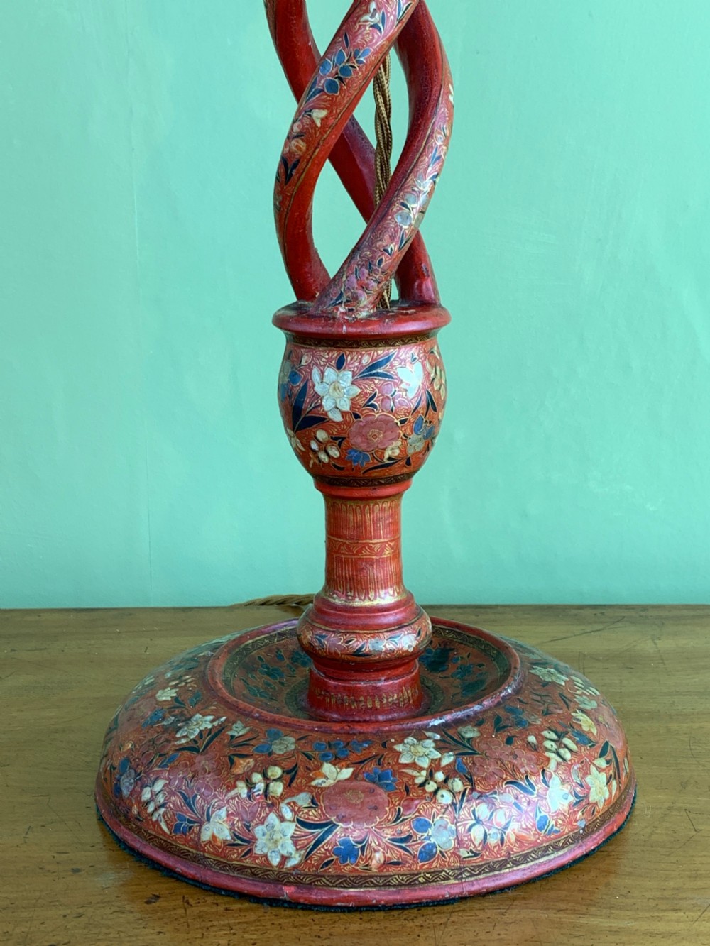 Antique Kashmiri triple helix hand painted candlestick lamp View II