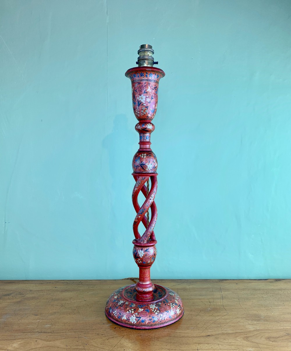 Antique Kashmiri triple helix hand painted candlestick lamp View III