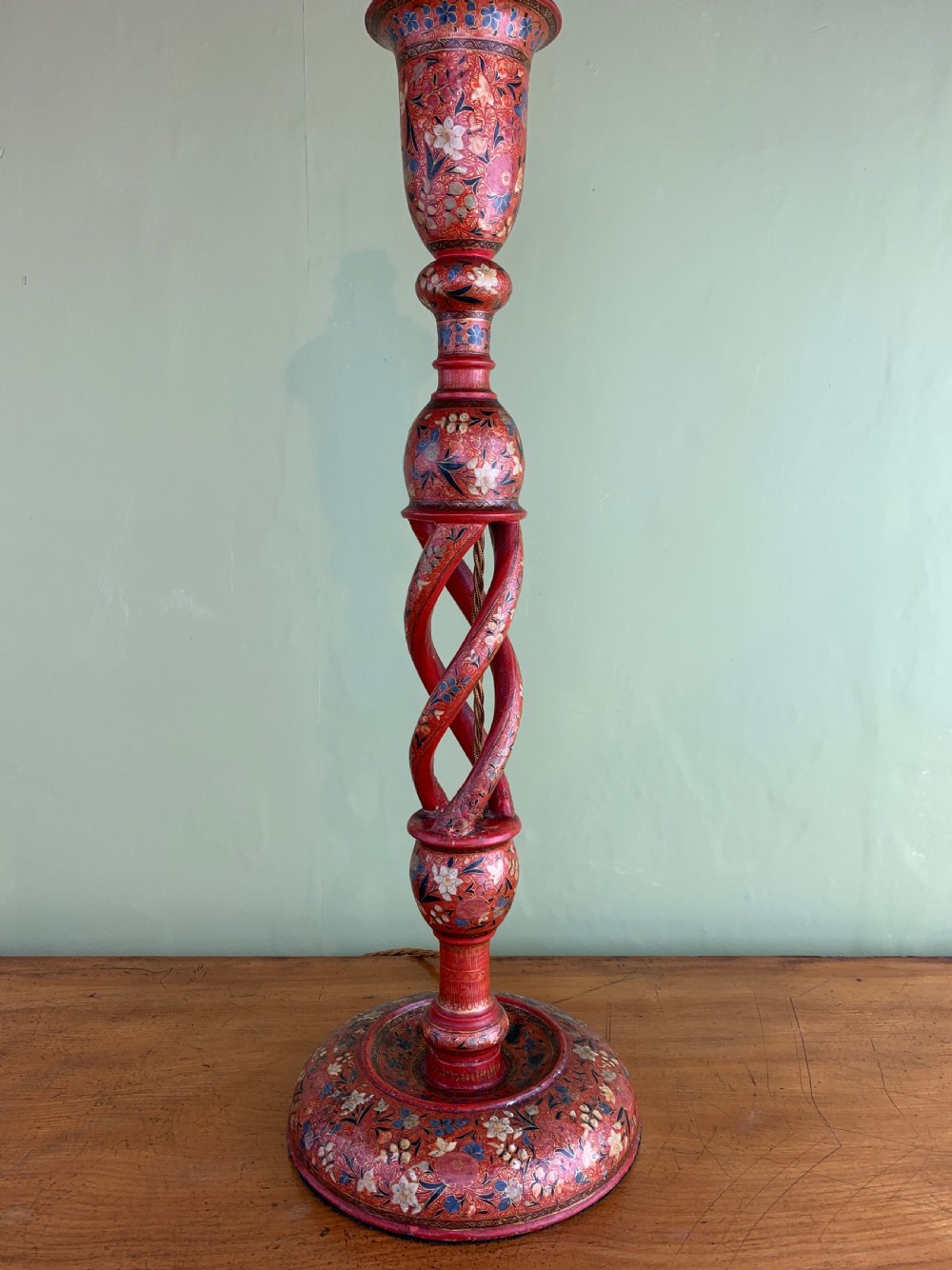 Antique Kashmiri triple helix hand painted candlestick lamp View IV