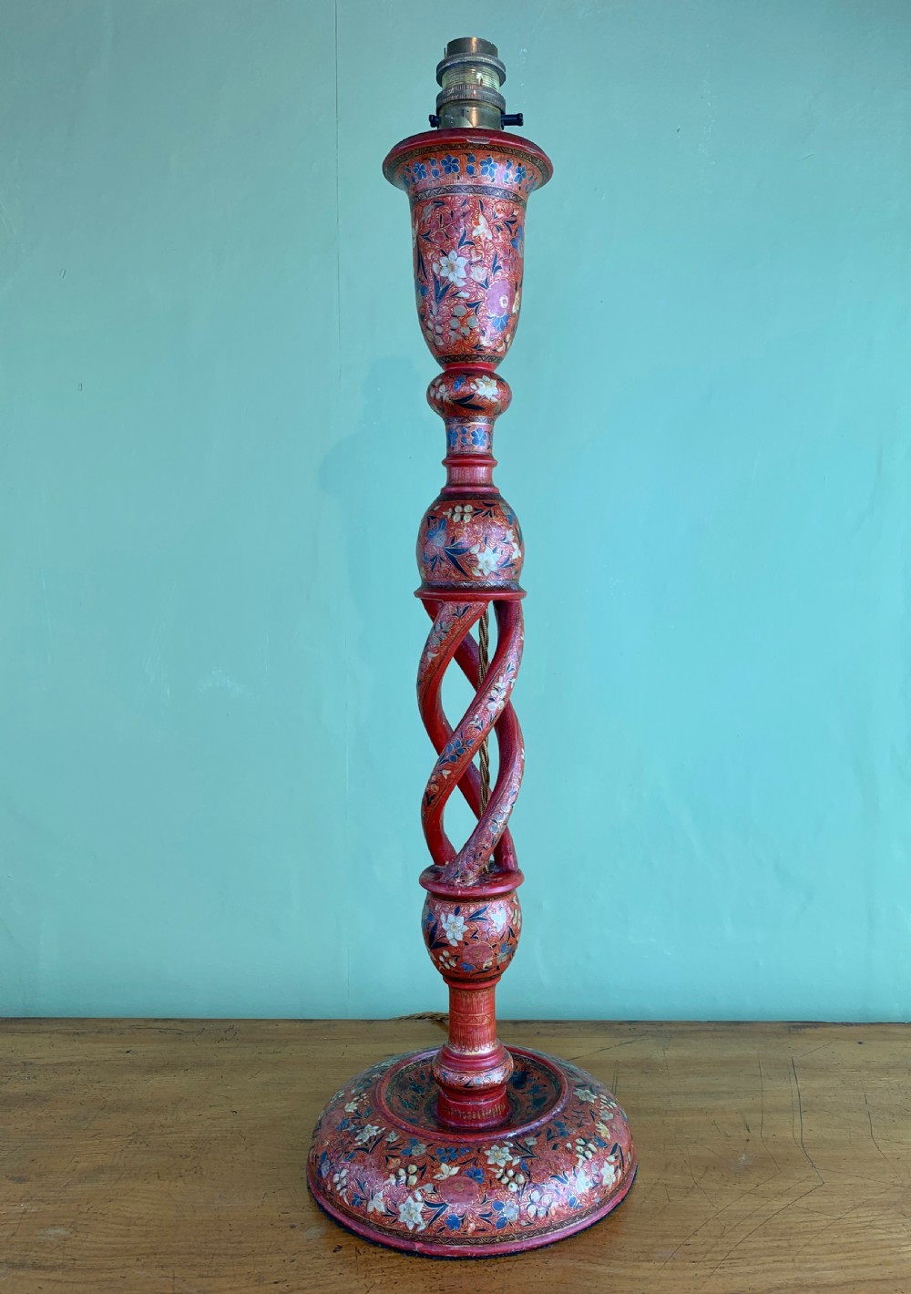 Antique Kashmiri triple helix hand painted candlestick lamp View V