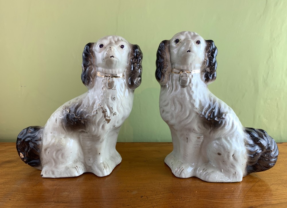 Pair of Victorian black and white Staffordshire pottery dogs.