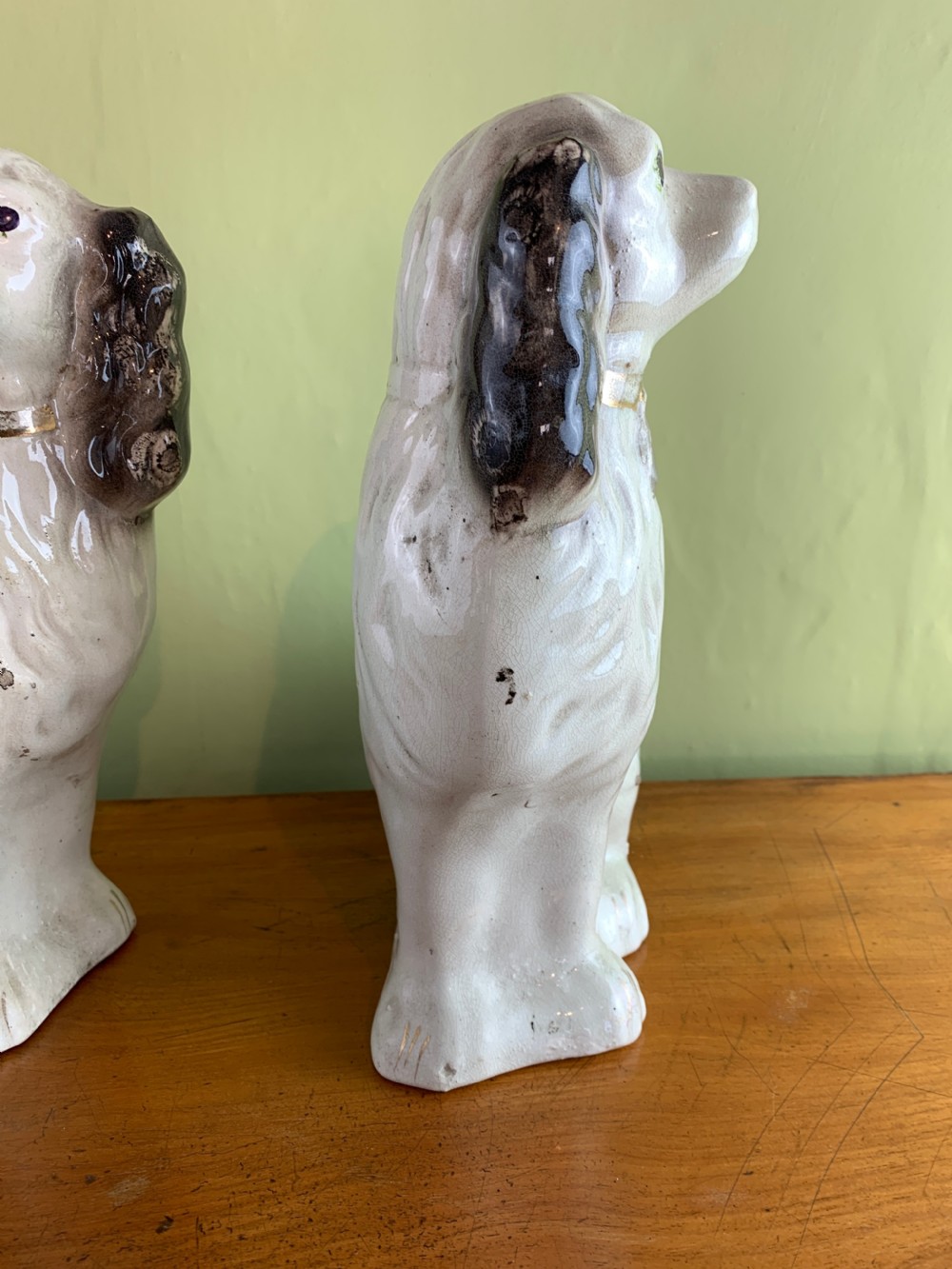 Pair of Victorian black and white Staffordshire pottery dogs. View VI