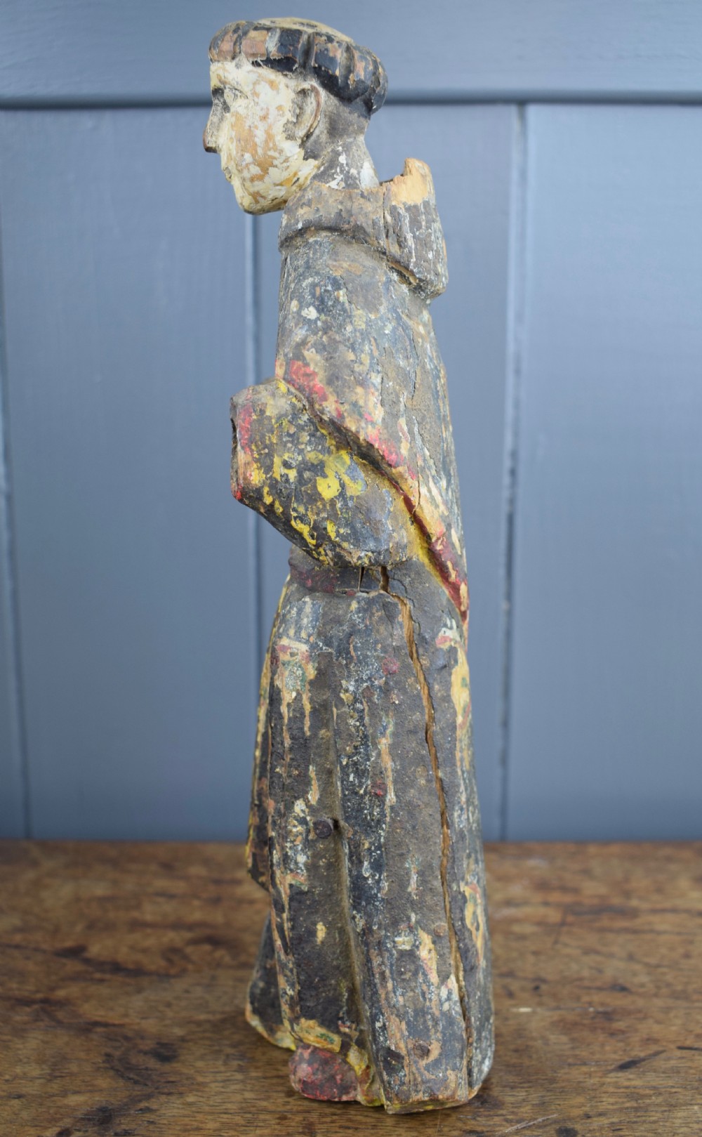 Spanish Colonial carved figure of a monk in original paint View V