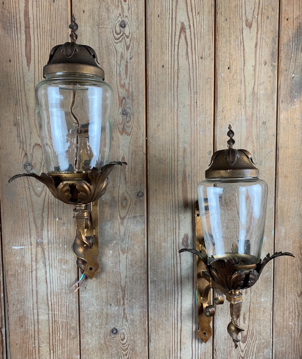 Pair of vintage toleware and wrought metal porch lanterns View II