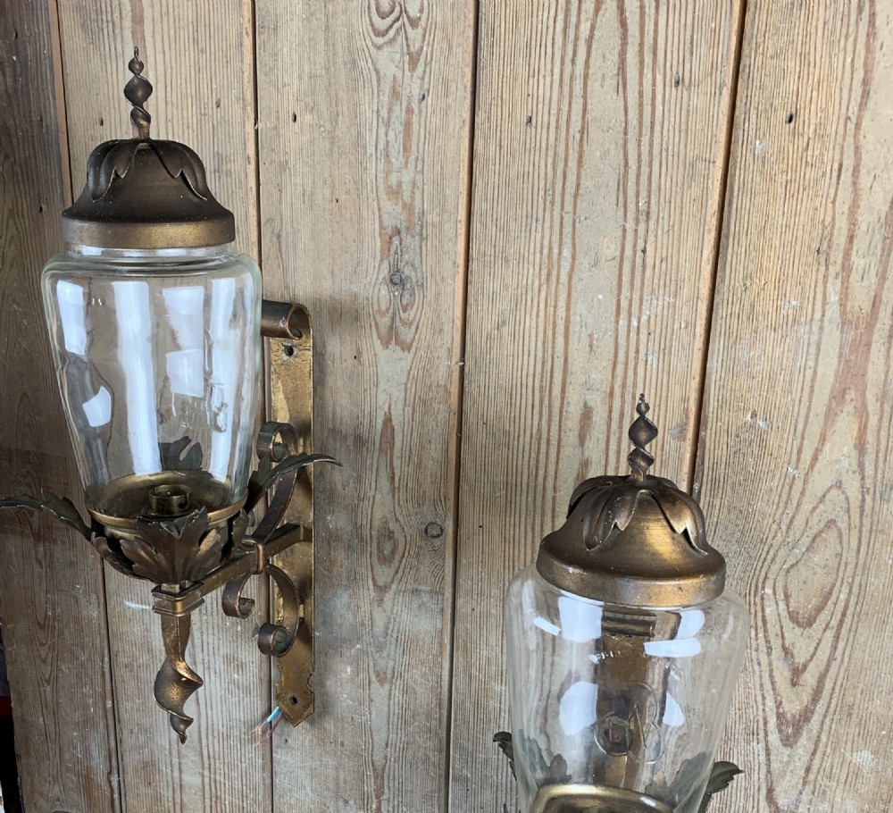 Pair of vintage toleware and wrought metal porch lanterns View III
