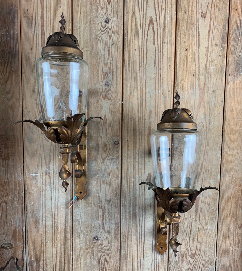 Pair of vintage toleware and wrought metal porch lanterns View V