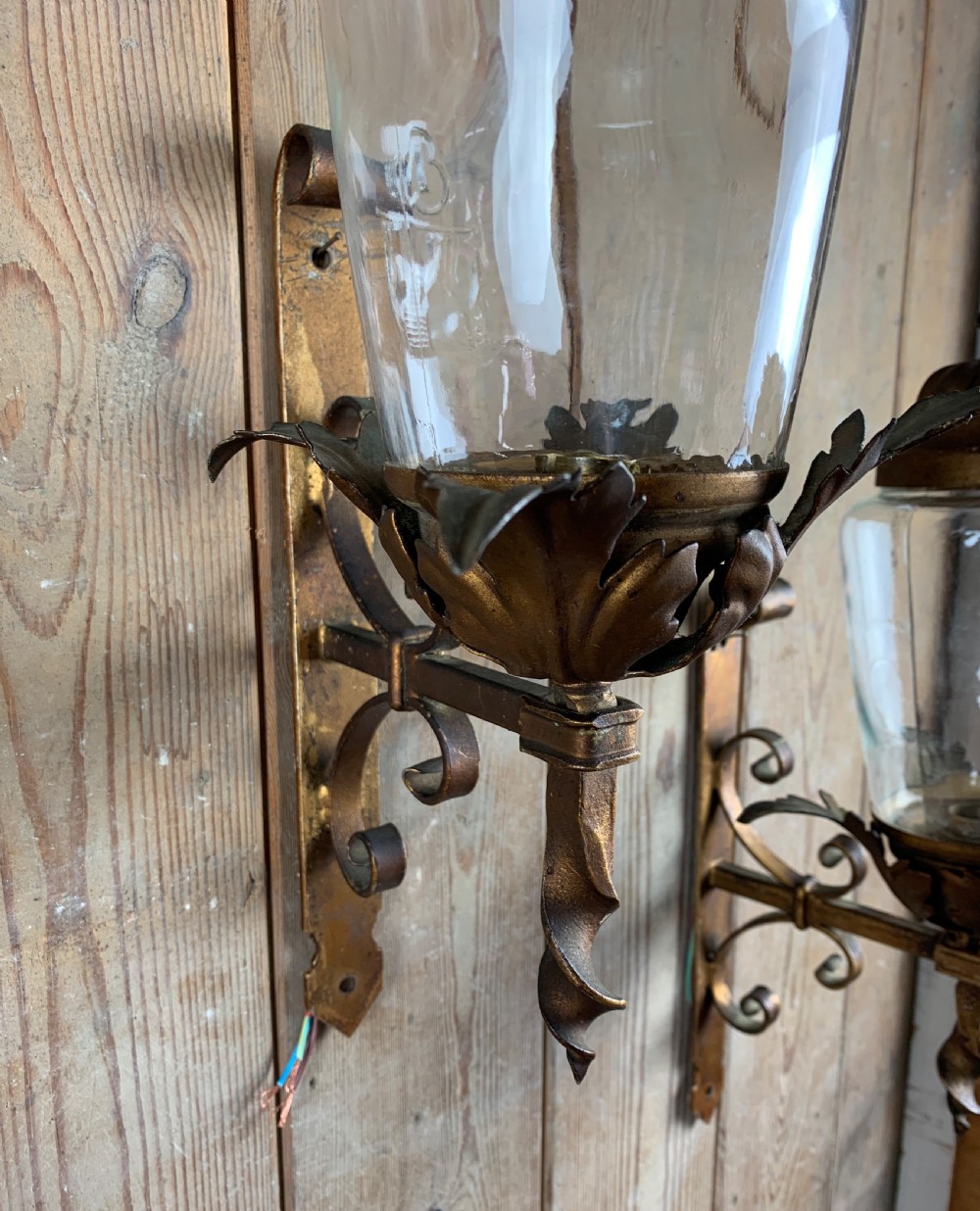 Pair of vintage toleware and wrought metal porch lanterns View VI