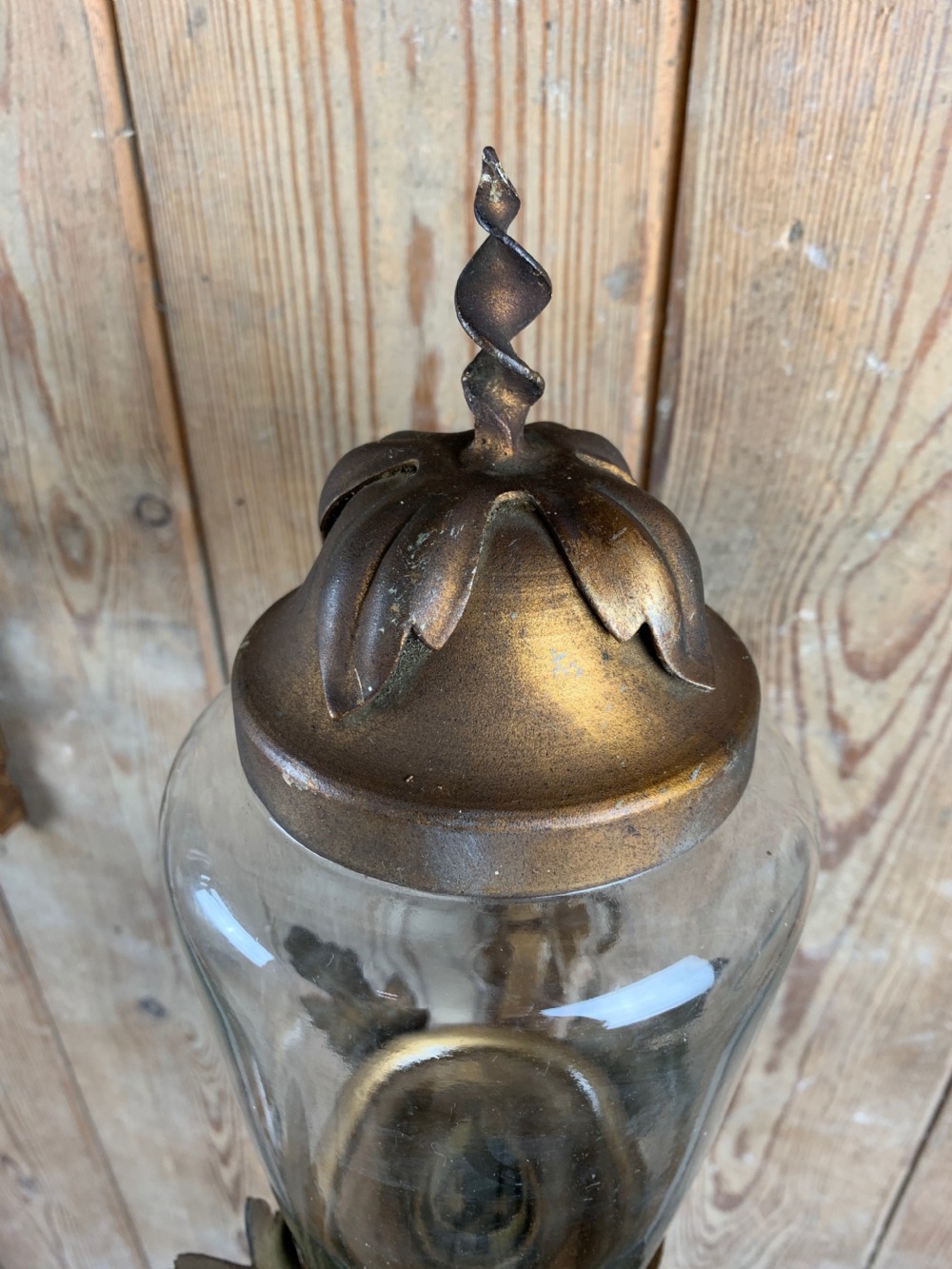 Pair of vintage toleware and wrought metal porch lanterns View VIII