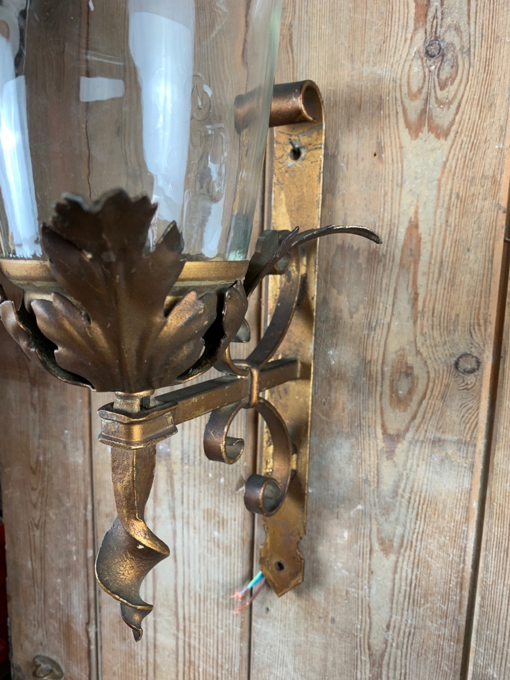 Pair of vintage toleware and wrought metal porch lanterns View IX