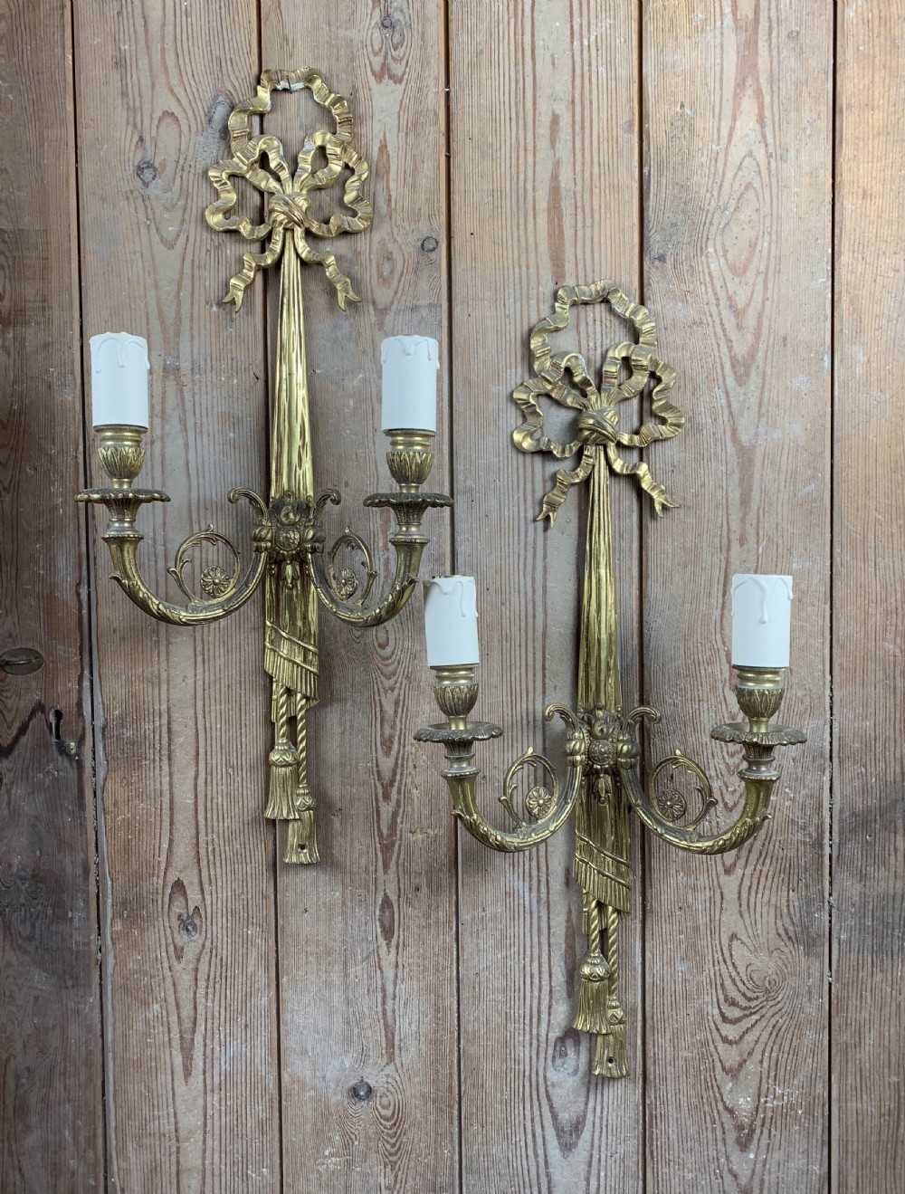 Pair of French Gilt Brass Two Branch Wall Sconces in Louis XVI Style