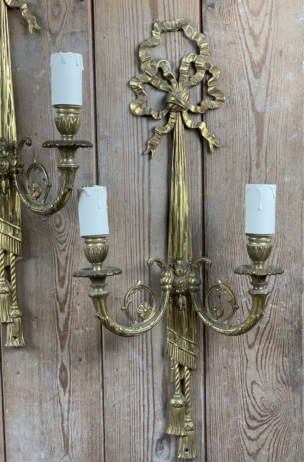 Pair of French Gilt Brass Two Branch Wall Sconces in Louis XVI Style View II