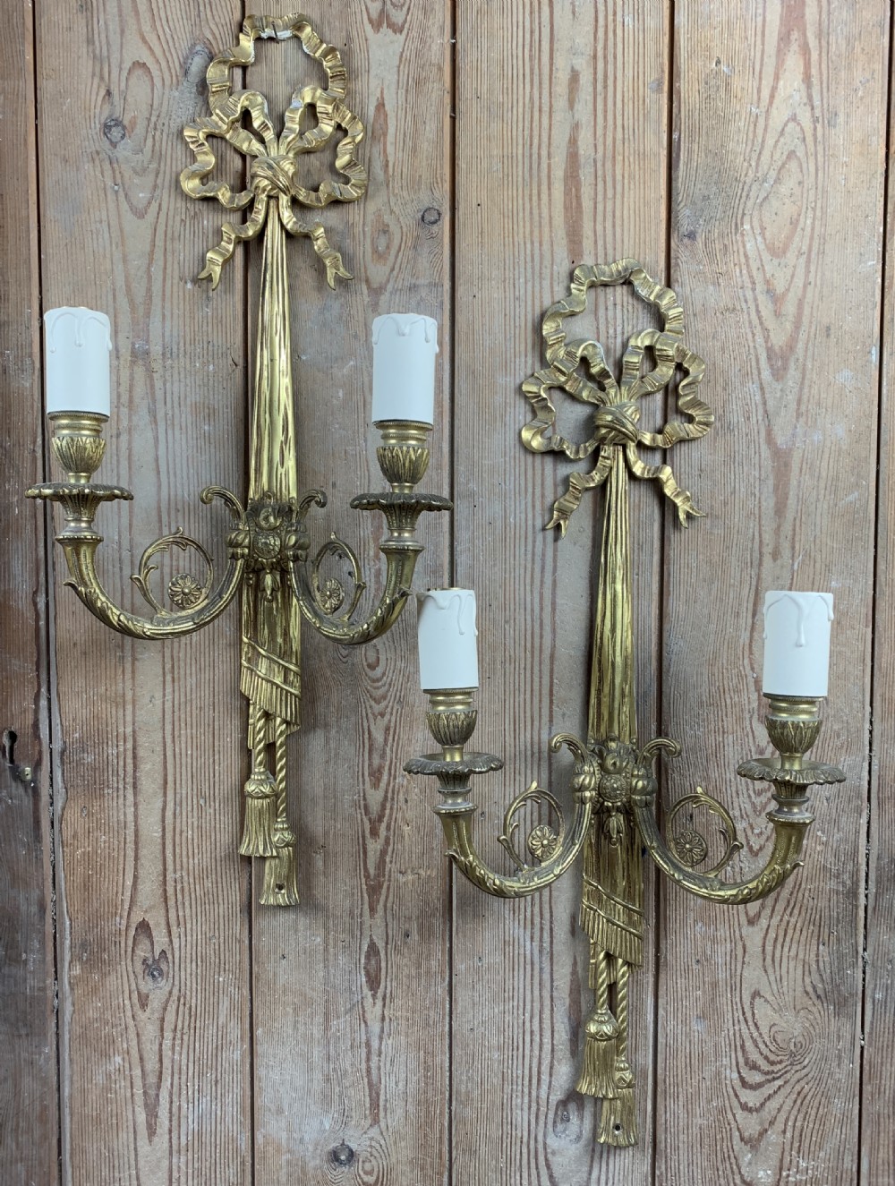 Pair of French Gilt Brass Two Branch Wall Sconces in Louis XVI Style View IV