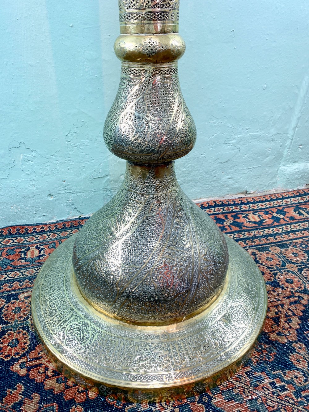 Cairoware Mamluk revival pierced brass floor lamp with calligraphic script View III