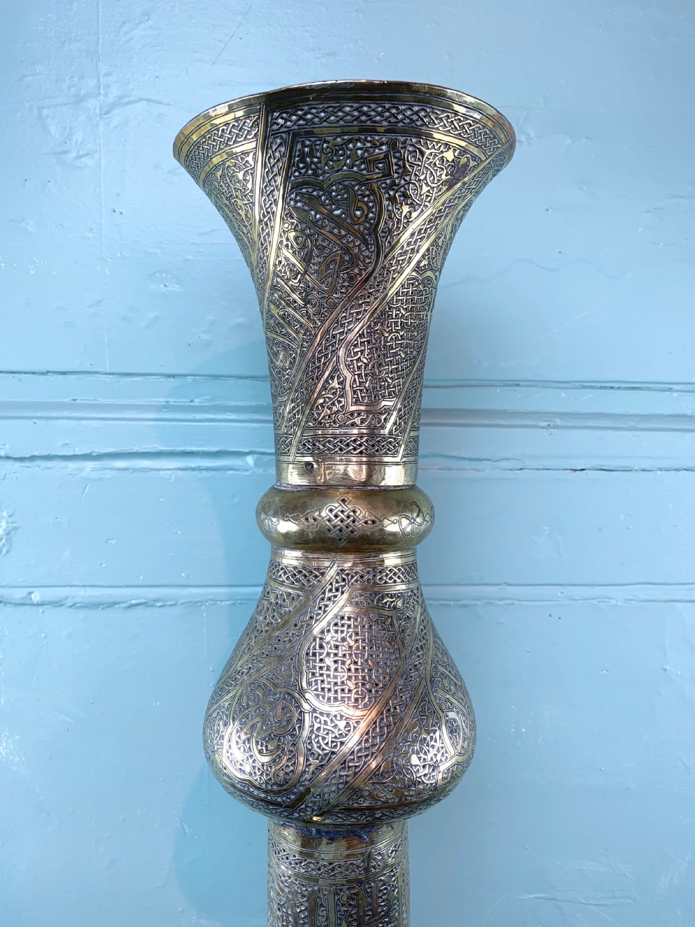 Cairoware Mamluk revival pierced brass floor lamp with calligraphic script View V