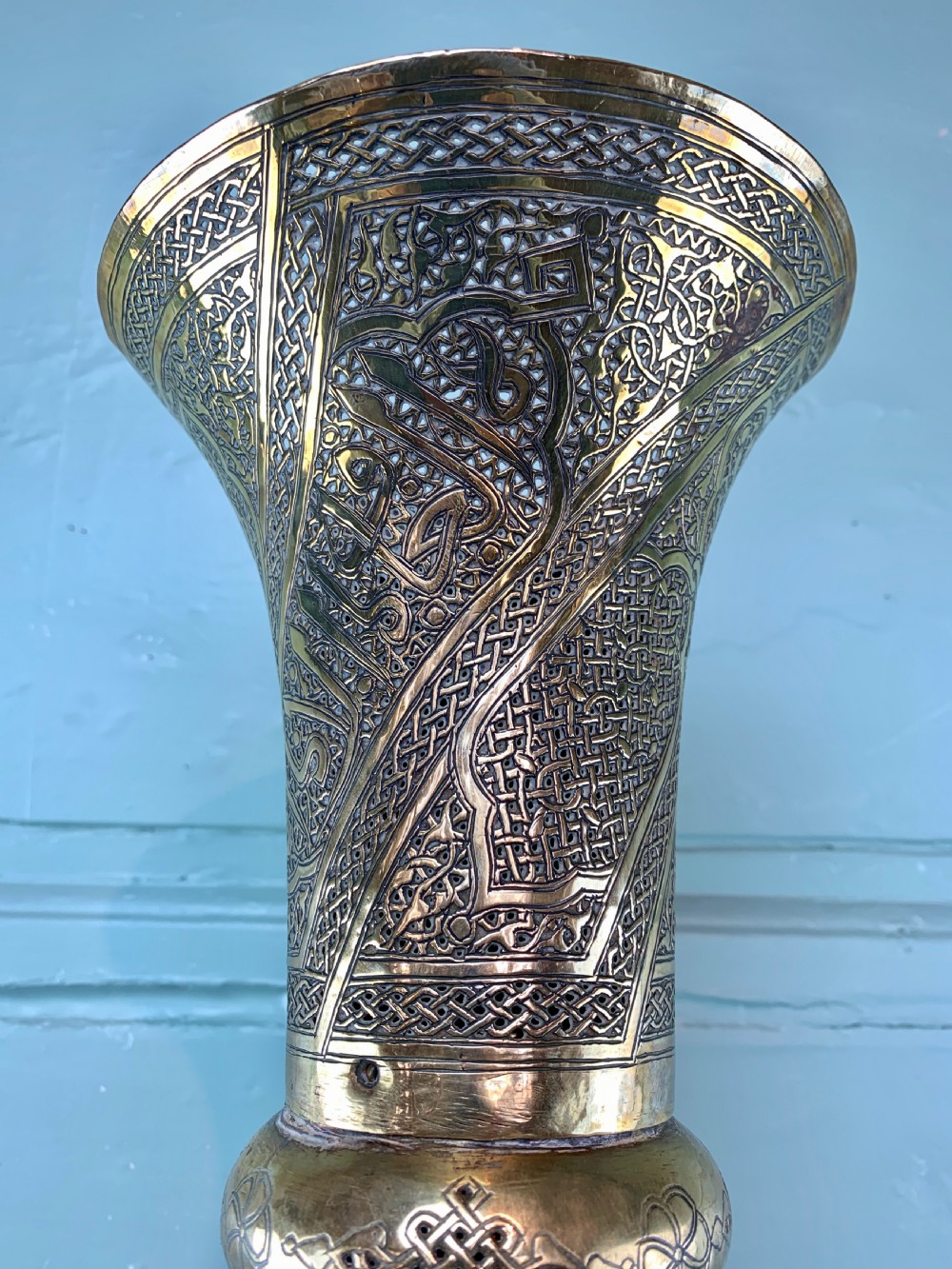 Cairoware Mamluk revival pierced brass floor lamp with calligraphic script View VI