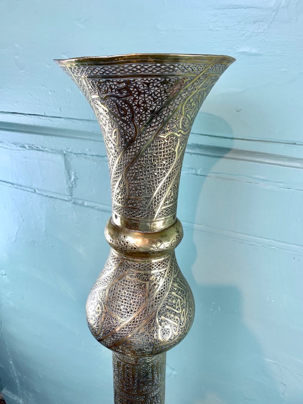 Cairoware Mamluk revival pierced brass floor lamp with calligraphic script View VII