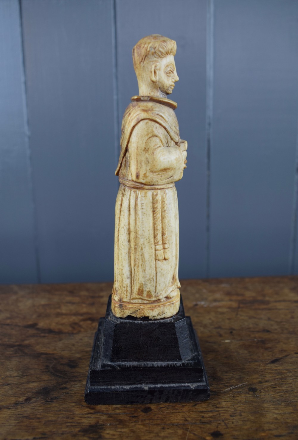 Antique Colonial carved bone ecclesiastical figure of a Monk View II