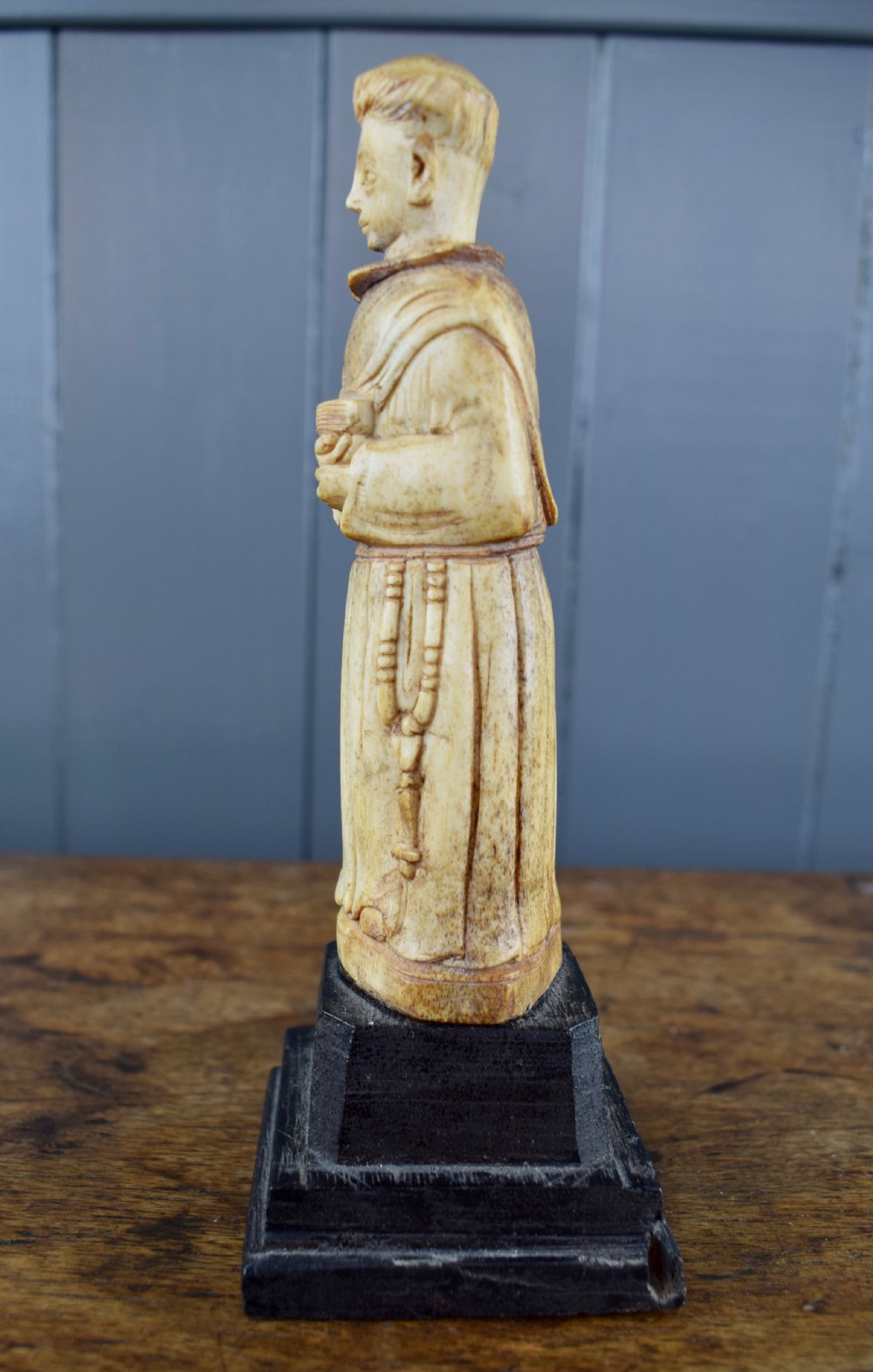 Antique Colonial carved bone ecclesiastical figure of a Monk View V