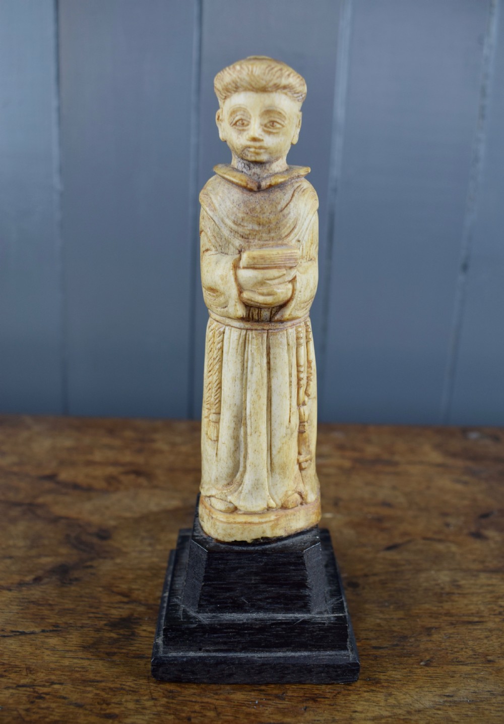 Antique Colonial carved bone ecclesiastical figure of a Monk View X