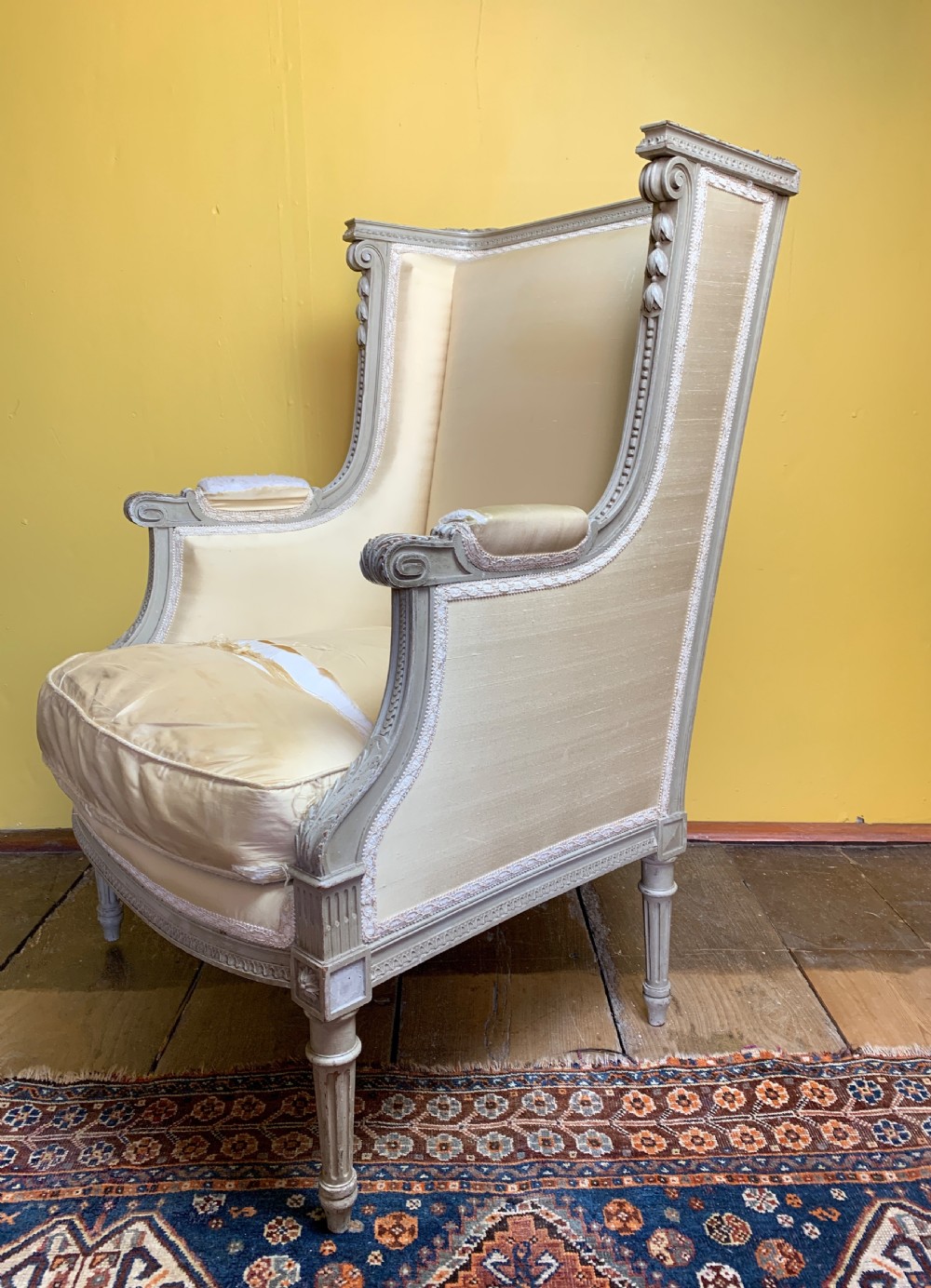 French Louis XVI Style Wing Armchair in Original Paint View IV