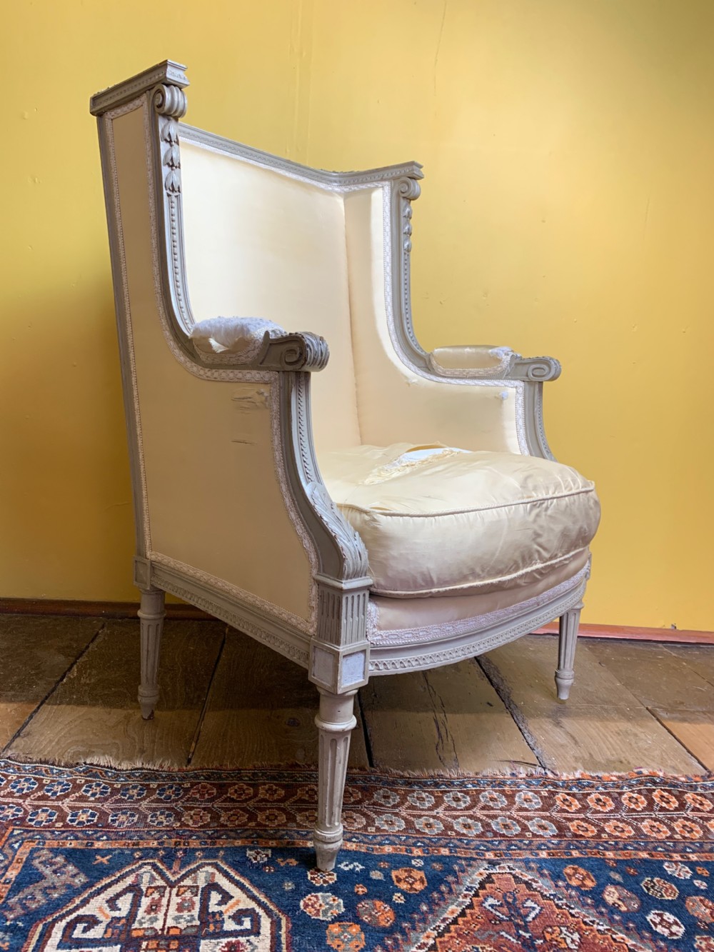 French Louis XVI Style Wing Armchair in Original Paint View IX