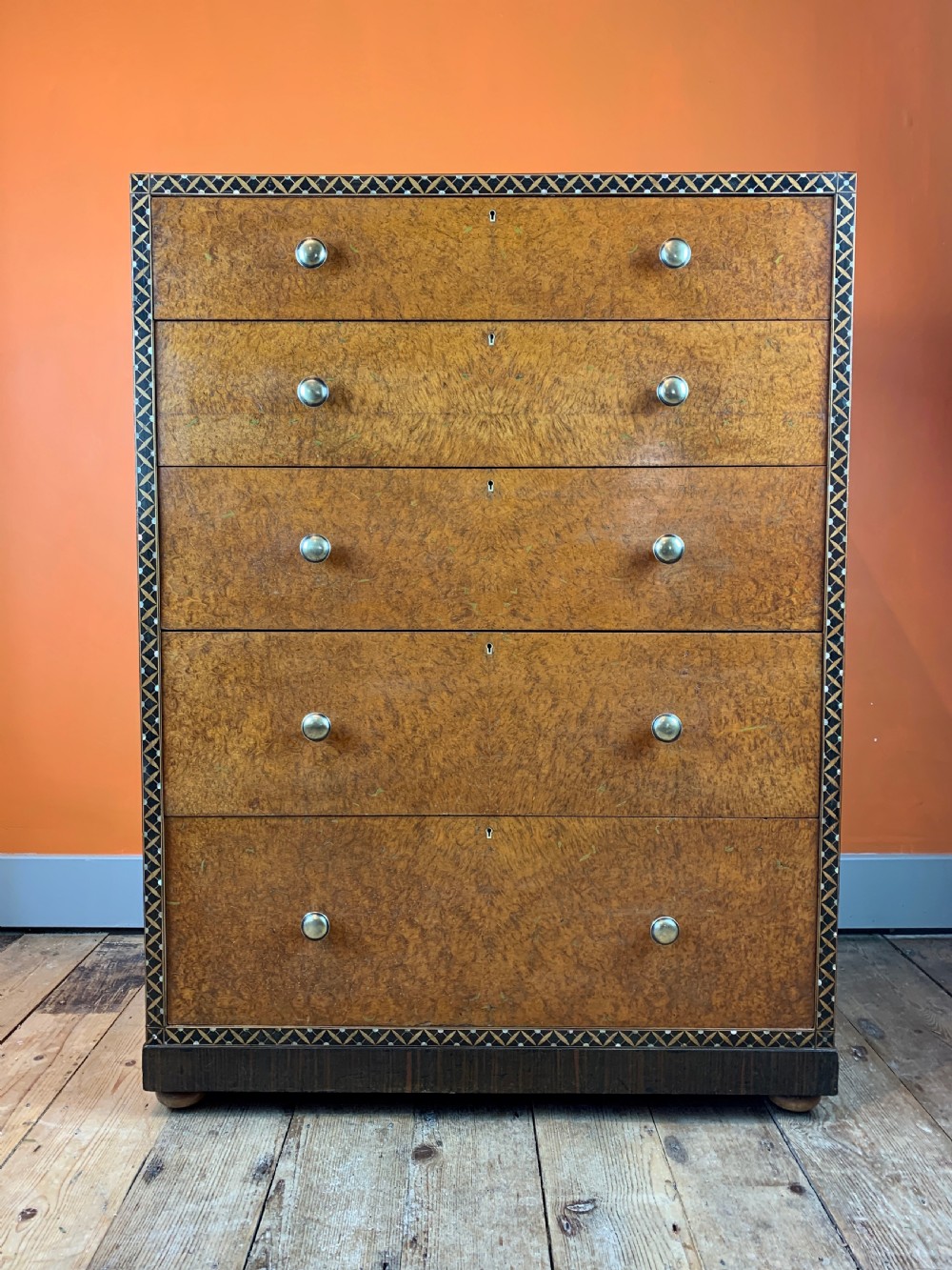 Bath Cabinet Makers inlaid burl amboyna chest of drawers