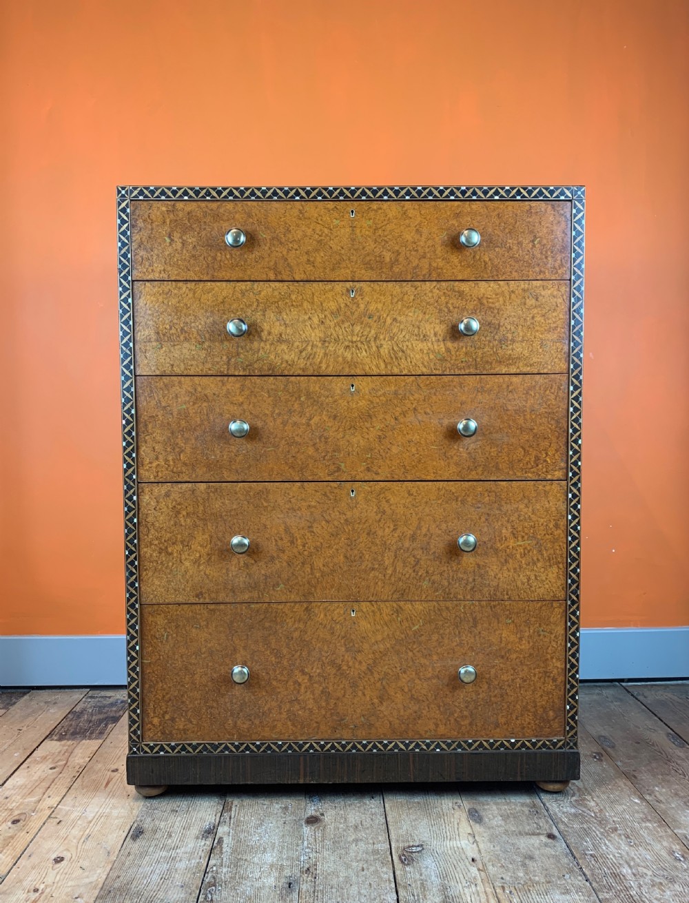 Bath Cabinet Makers inlaid burl amboyna chest of drawers View II
