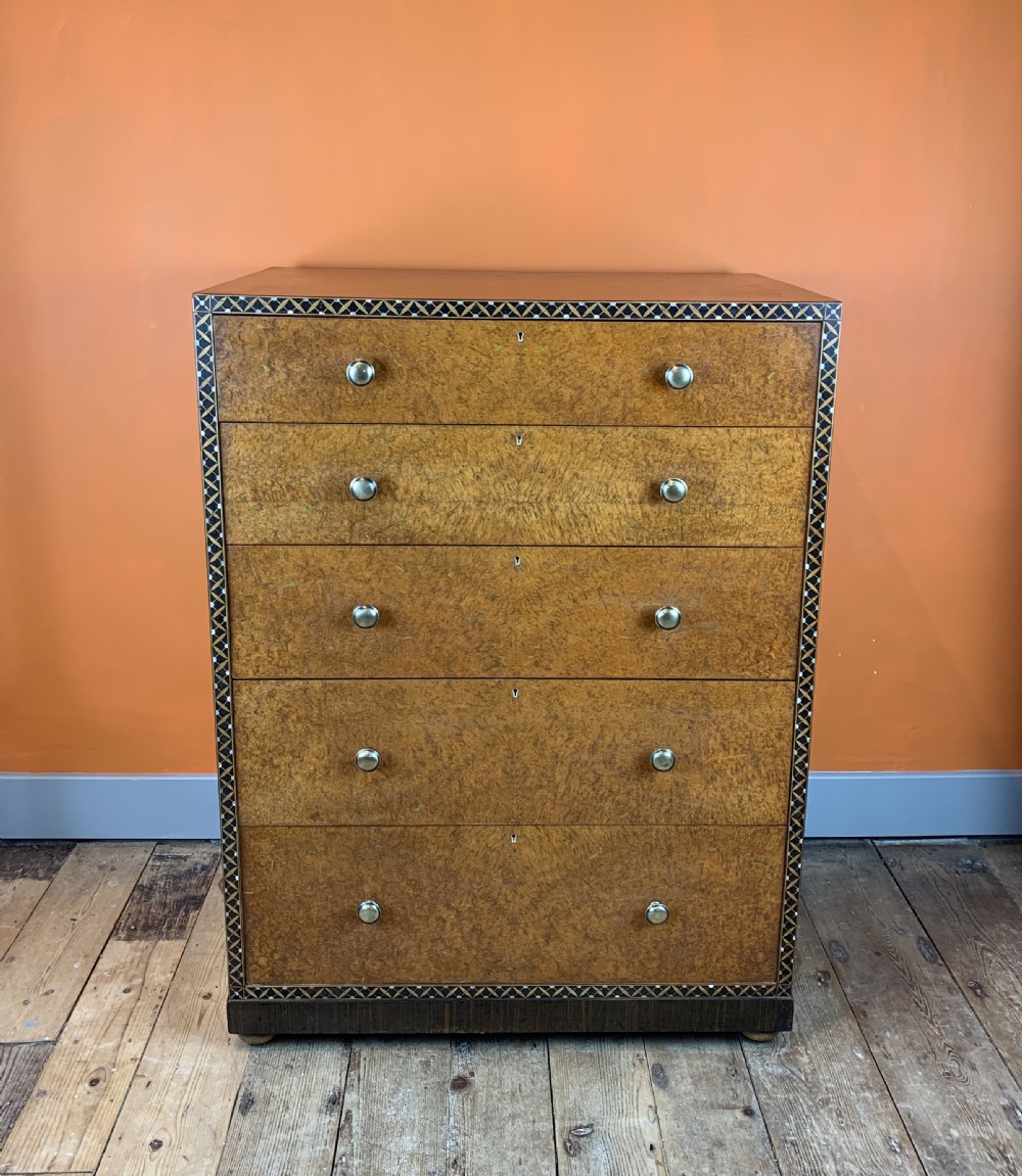Bath Cabinet Makers inlaid burl amboyna chest of drawers View III