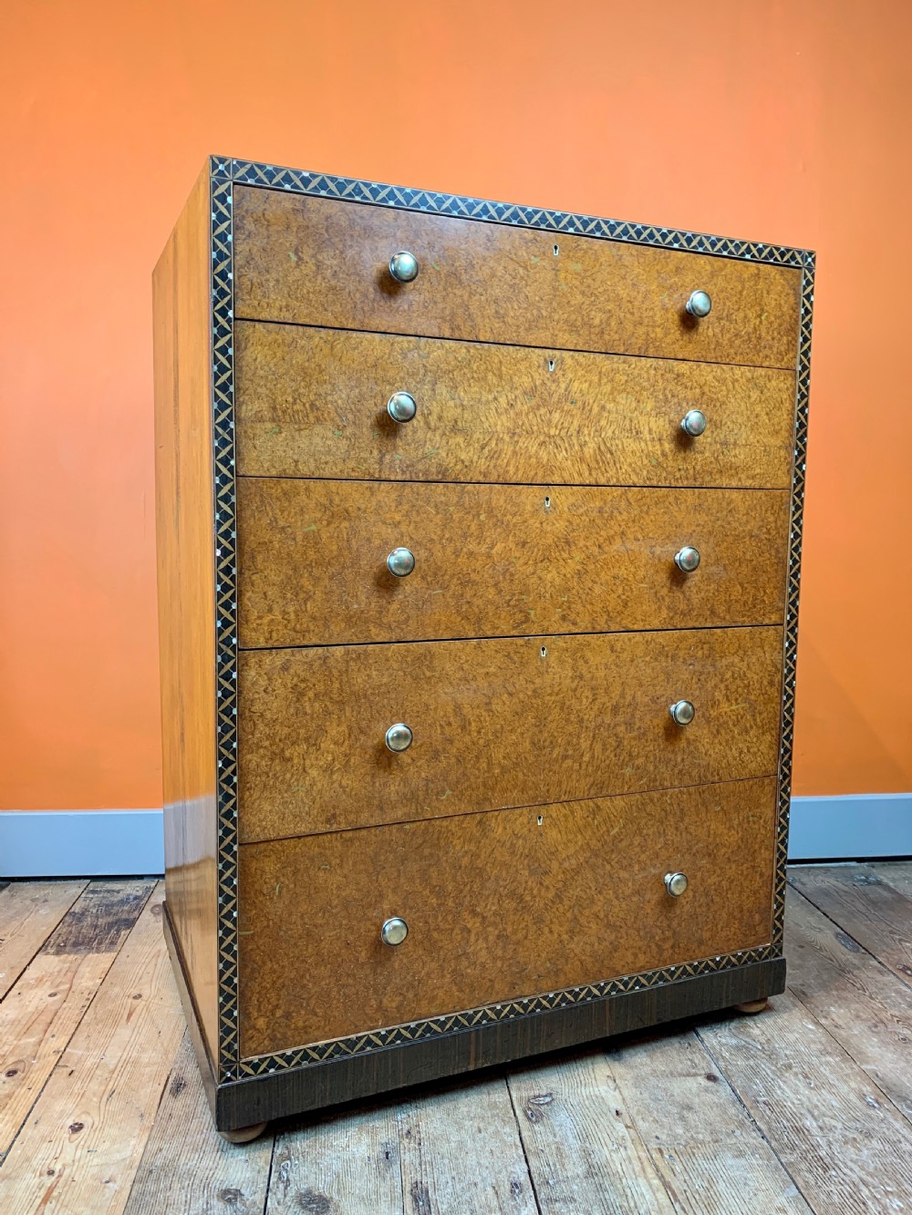 Bath Cabinet Makers inlaid burl amboyna chest of drawers View IV