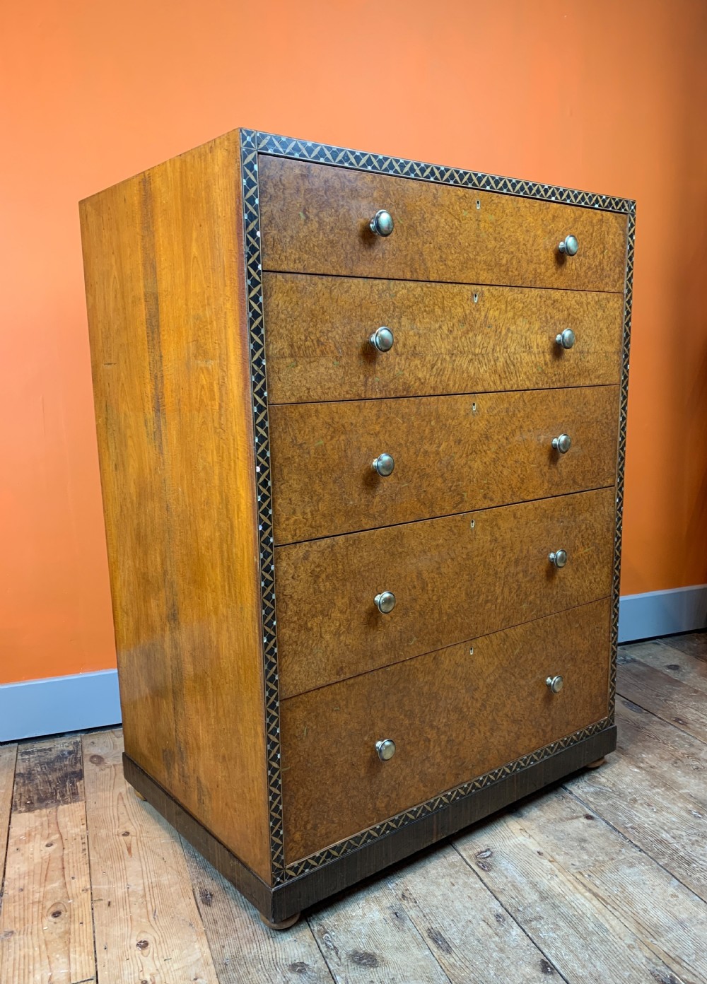 Bath Cabinet Makers inlaid burl amboyna chest of drawers View V